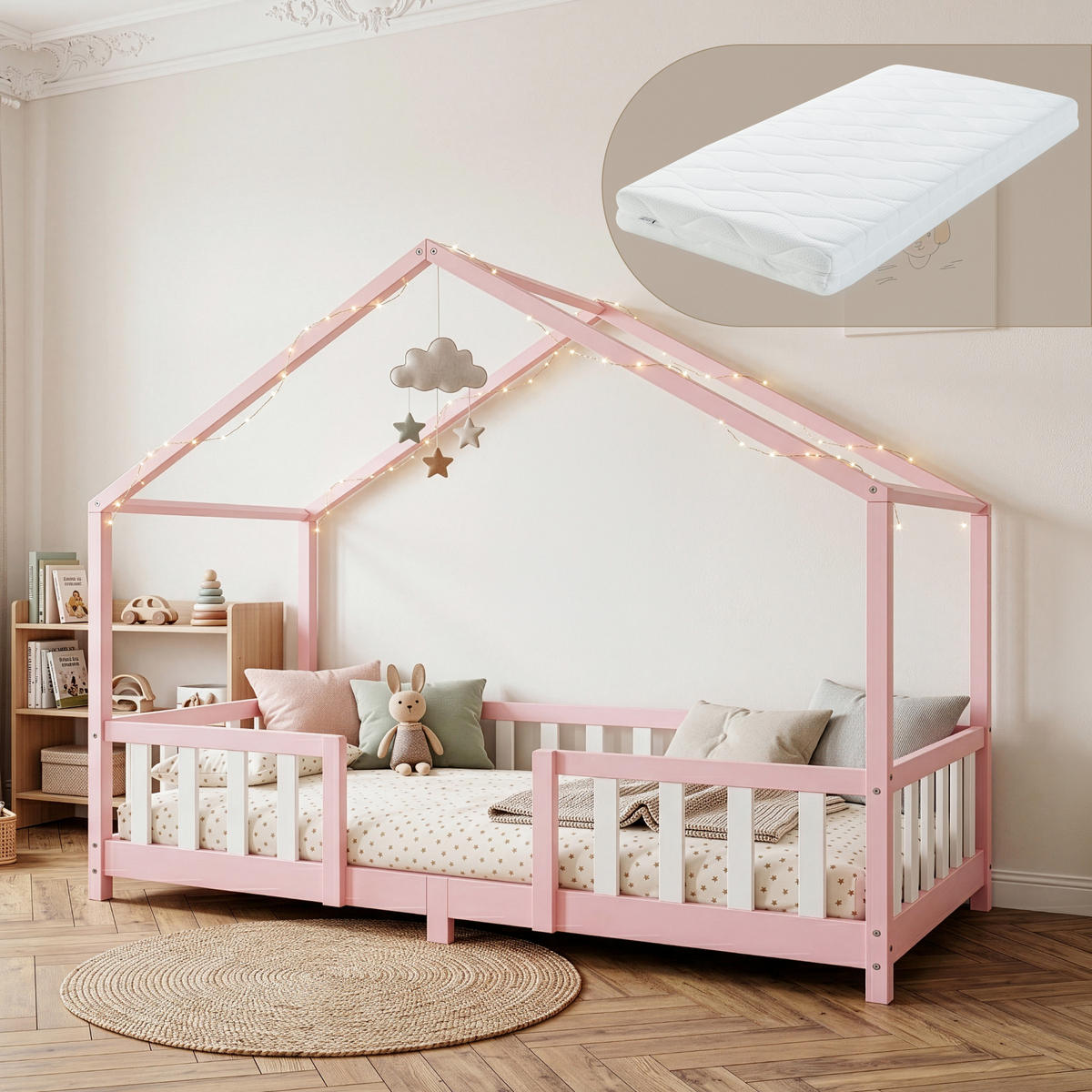 POSTELJA V OBLIKI HIŠICE Treviolo z vzmetnico - pink/bela, tekstil/les (90/200cm) - [en.casa]