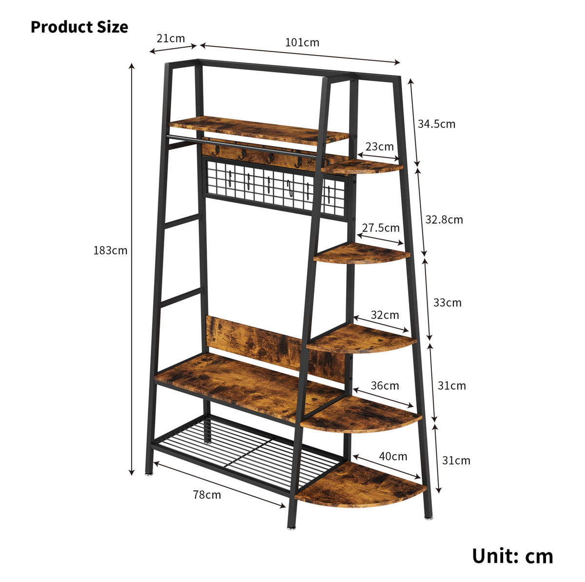 GARDEROBENSTÄNDER mit 3 Ablagen Metall/Holzoptik Black+Brown - Schwarz, Holzwerkstoff (43.4/182.6/123.4cm) - Beauniv