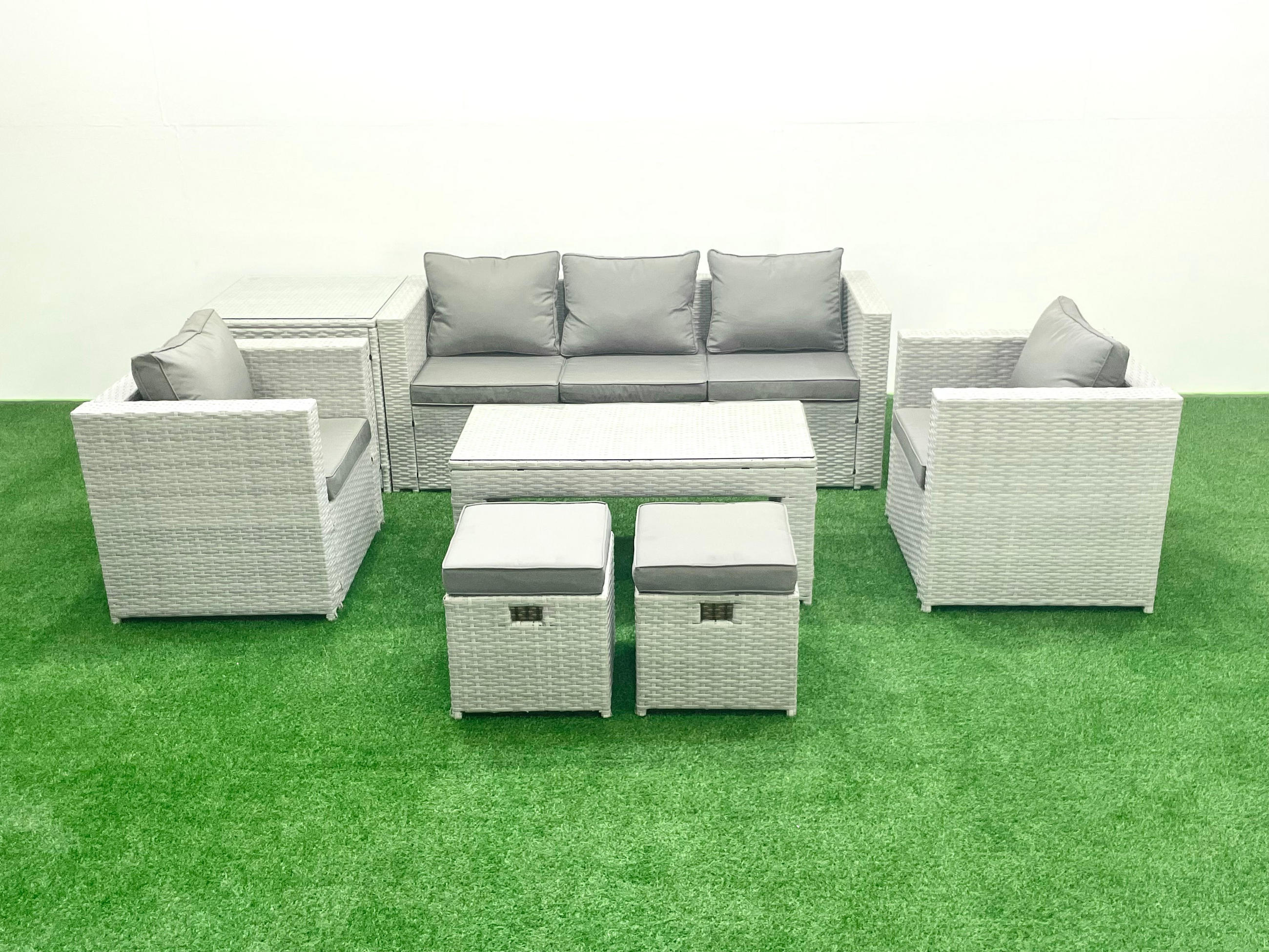 GARTENSET mit 3-SITZER SOFA,COUCHTISCH Polyrattan Hellgrau-Mix 7-Sitzer - Hellgrau/Grau, Glas/Kunststoff - Fimous