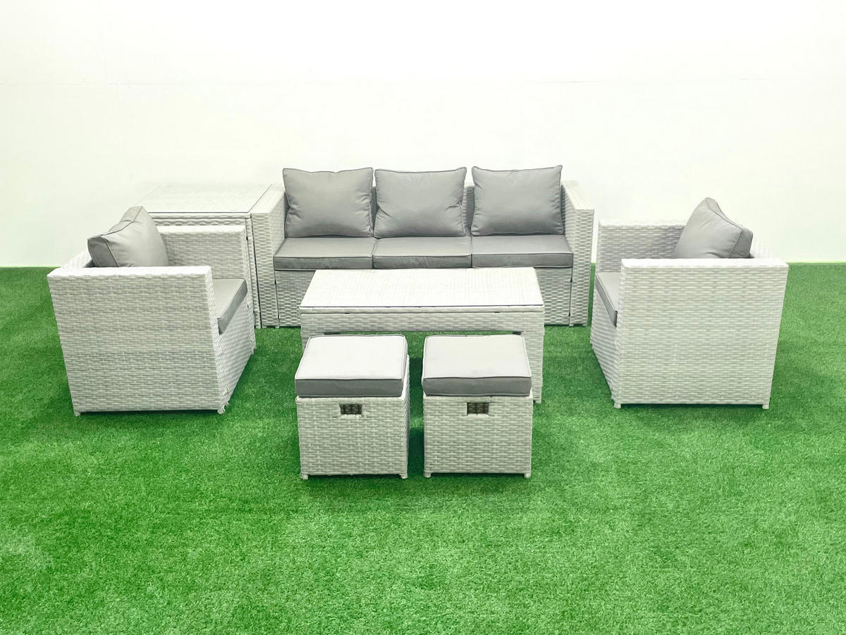 GARTENSET mit 3-SITZER SOFA,COUCHTISCH Polyrattan Hellgrau-Mix 7-Sitzer - Hellgrau/Grau, Glas/Kunststoff - Fimous