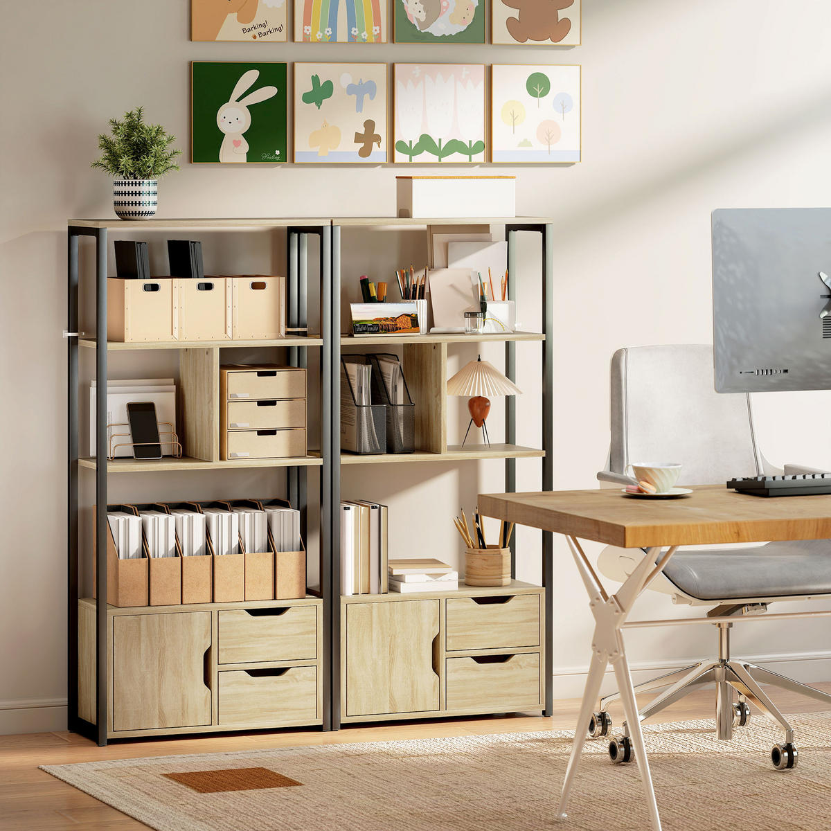 REGAL DE-15558 58/24/122 cm, 3 Ablagen und 2 Schubladen Naturholz/Schwarz - Naturfarben, Holzwerkstoff (58/122/24cm) - ComfortXL