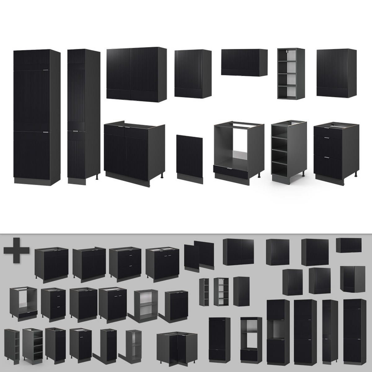 KÜCHENZEILE Fame-Line, Schwarz gestreift/Anthrazit, 355 cm, AP Marmor - Anthrazit/Schwarz, Holzwerkstoff (355/81.6/60cm) - Vicco