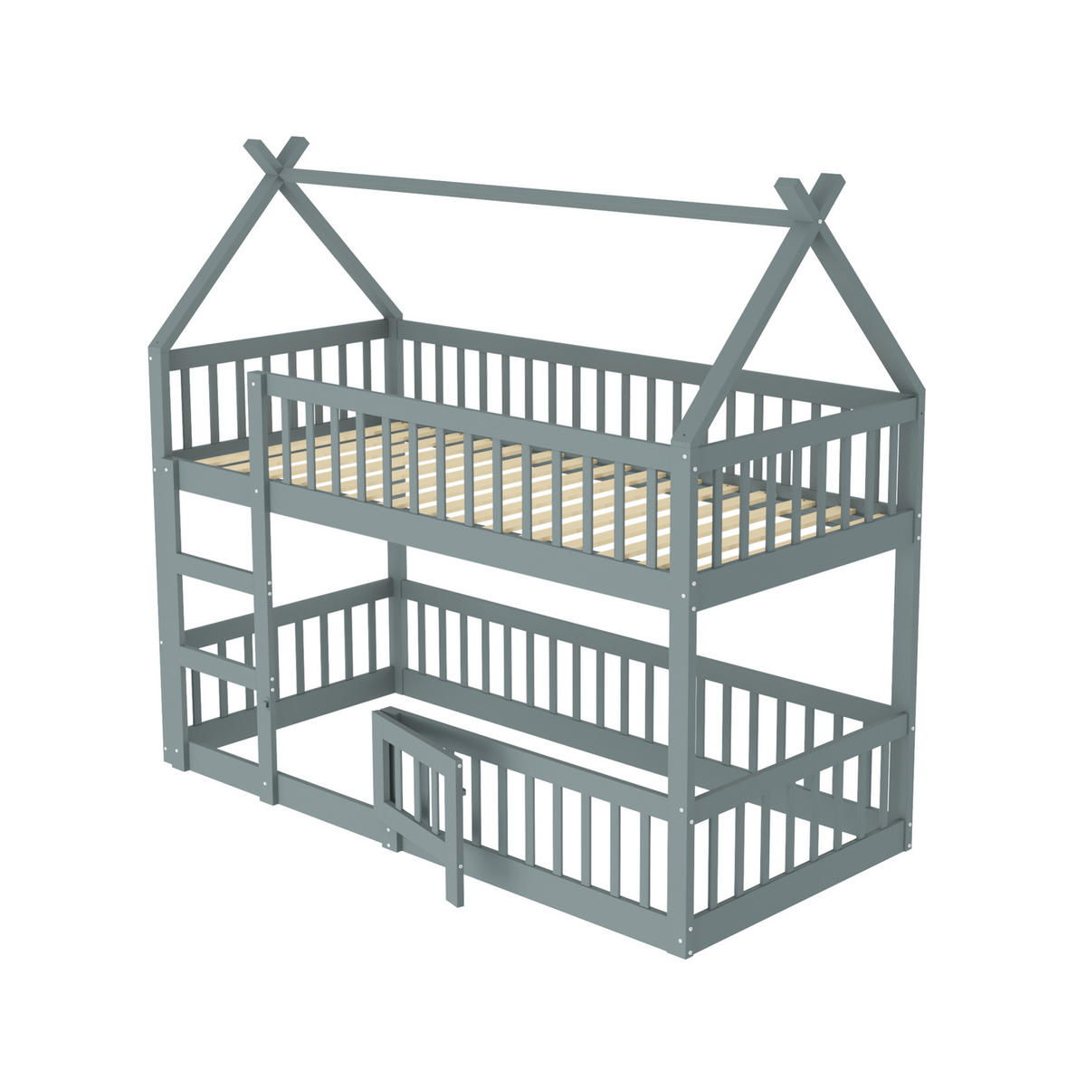 ETAGENBETT aus Holz 90x200 cm Grau mit Treppe, hohem Fallschutz und Spielbereich - Grau, Holzwerkstoff (90/200cm) - Modfu