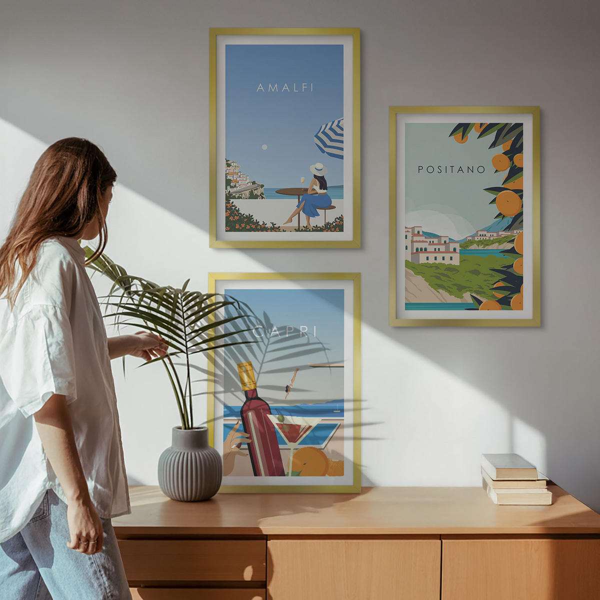 BILDER SET 3er Set - 40x60 cm Goldrahmen - Amalfi, Positano und Capri - Goldfarben, Kunststoff (40/60cm) - TULUP