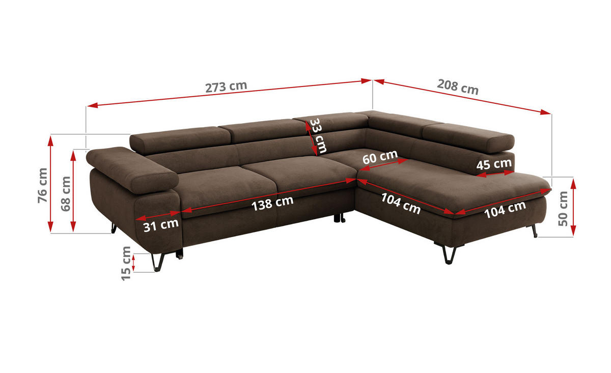 ECKSOFA PABLO L Braun Velvet - Rechts Seite - Schwarz/Braun, Textil/Metall (273/208cm) - MKS
