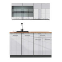 KÜCHENZEILE R-Line Weiß Hochglanz/Anthrazit 140 cm, AP Eiche - Weiß Hochglanz/Anthrazit, Holzwerkstoff (140/81.6/60cm) - Vicco