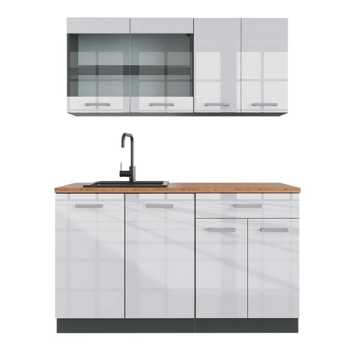 KÜCHENZEILE R-Line Weiß Hochglanz/Anthrazit 140 cm, AP Eiche - Weiß Hochglanz/Anthrazit, Holzwerkstoff (140/81.6/60cm) - Vicco
