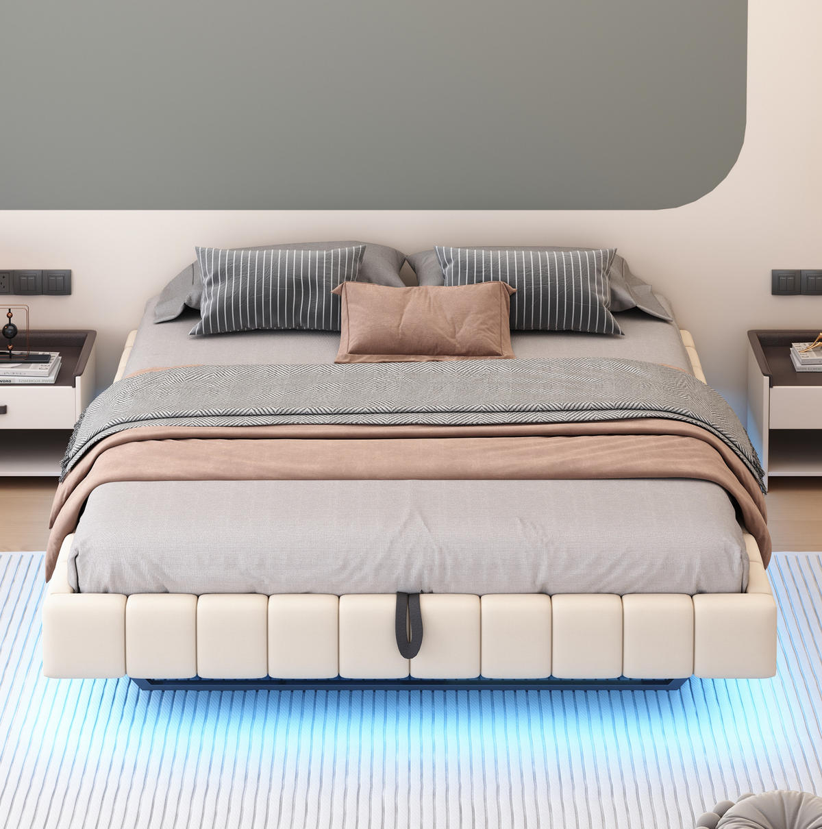 ČALÚNENÁ posteľ 180/200 cm, béžová, ľanový vzhľad, LED osvetlenie a úložný priestor - béžová, textil (180/200cm) - BEAOK