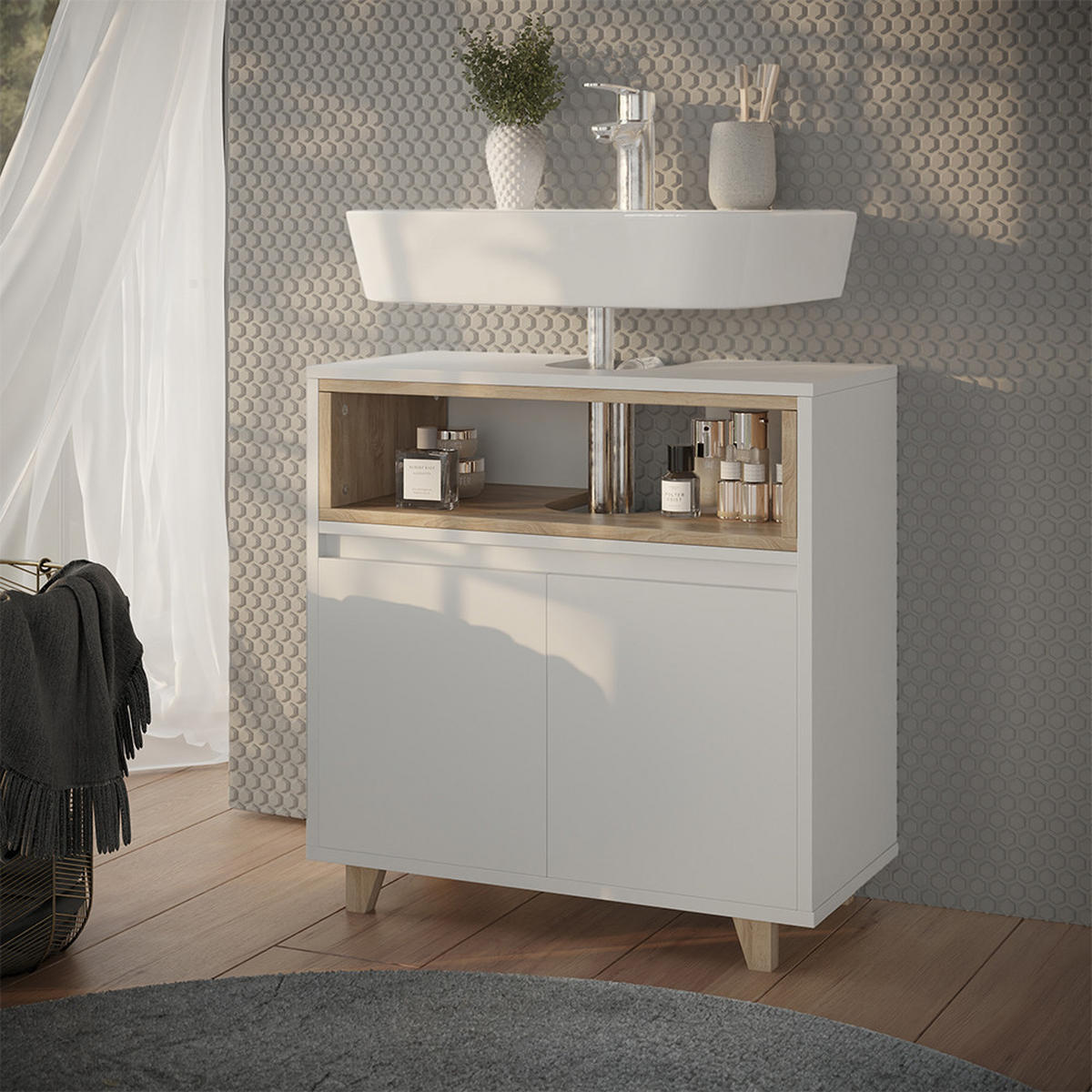 WASCHBECKENUNTERSCHRANK Elnor Weiß/Eiche 60 x 61 cm mit 2 Türen - Weiß, Holzwerkstoff (60/61/30cm) - Vicco