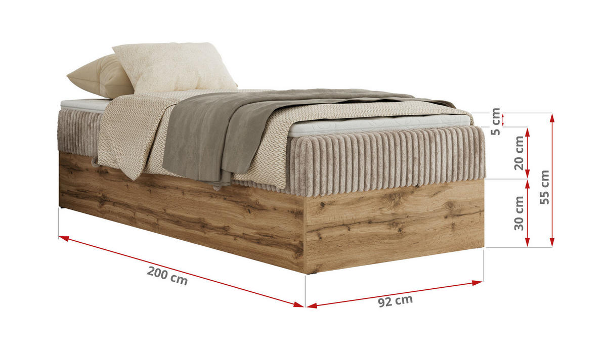 BOXBETT WOOD ZERO 90/200 - Hellbraun Cord - H3 - Topper Visco - Hellbraun, Textil (90/200cm) - MKS