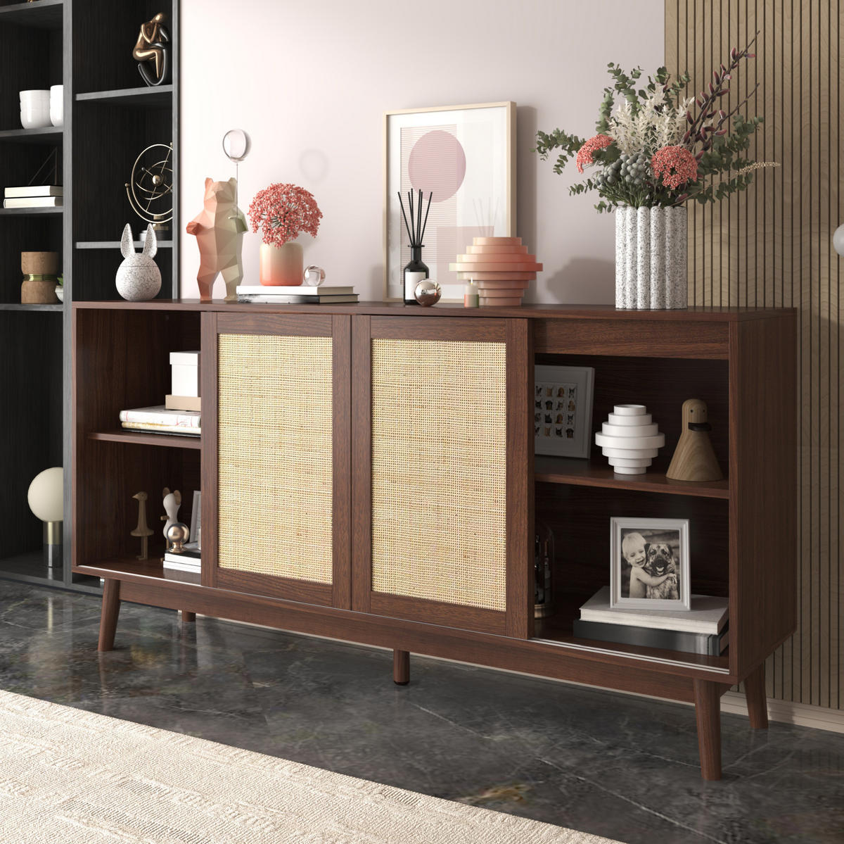 SIDEBOARD 155/38/80 cm in dunklem Holz mit 3 Rattan-Schiebetüren und 2 Schubladen - Nussbaumfarben, Holzwerkstoff (155/80/38cm) - Flora Grace