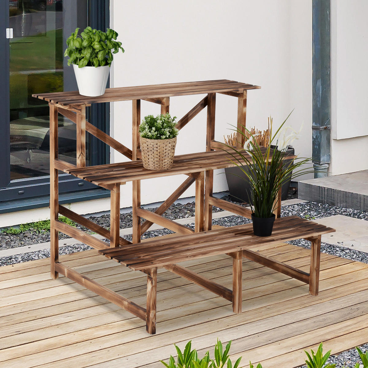 PFLANZENTREPPE, Blumenregal, Pflanzregal, 3 Stufen, Tannenholz, Naturholz - Fichtefarben, Holz (80/78/100cm) - Outsunny