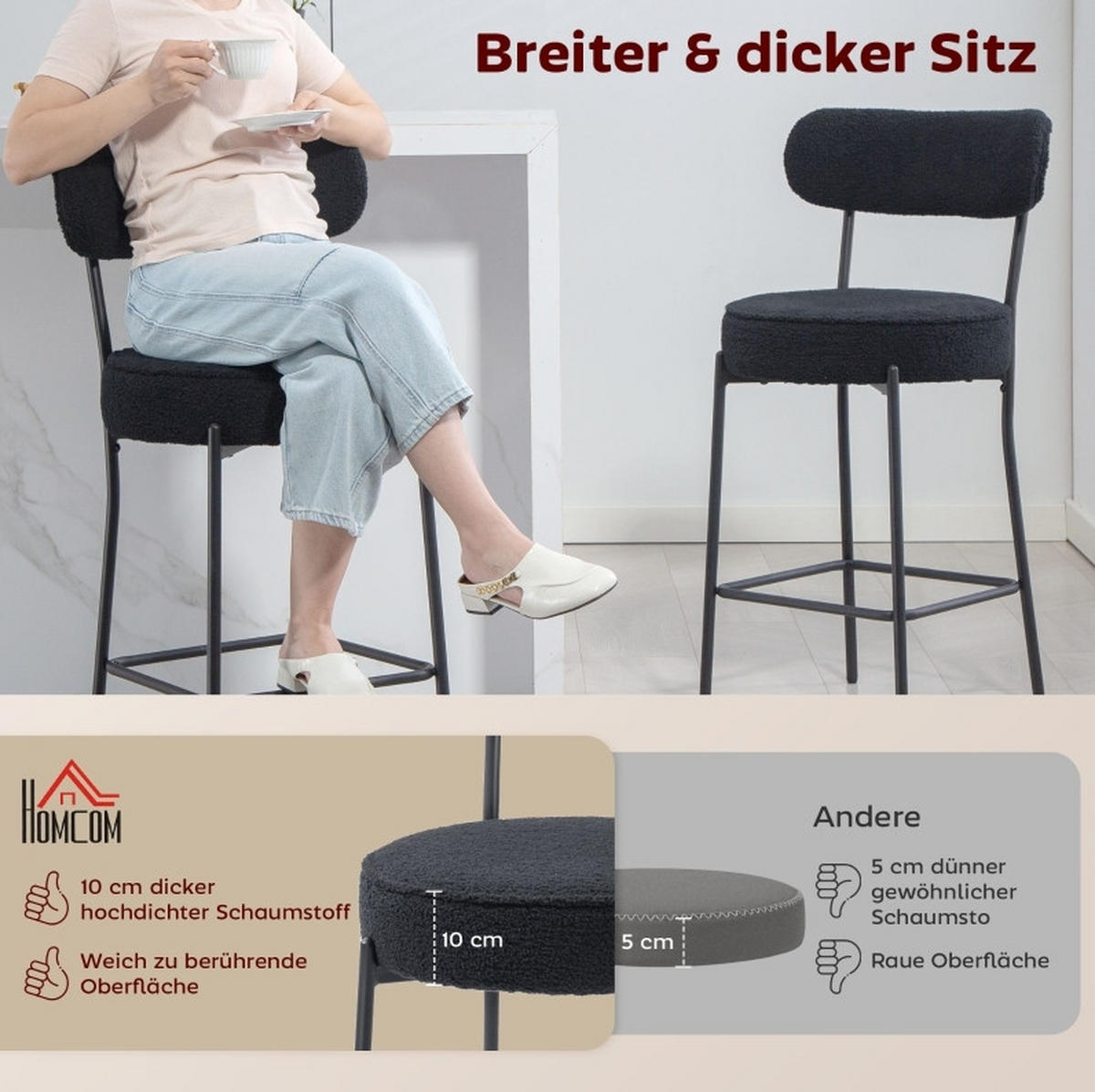 BARHOCKER 2er-Set mit Fleece-Bezug, gepolstertem Sitz und Fußstütze, Schwarz - Schwarz, Metall (49/95/52cm) - MIVRAY