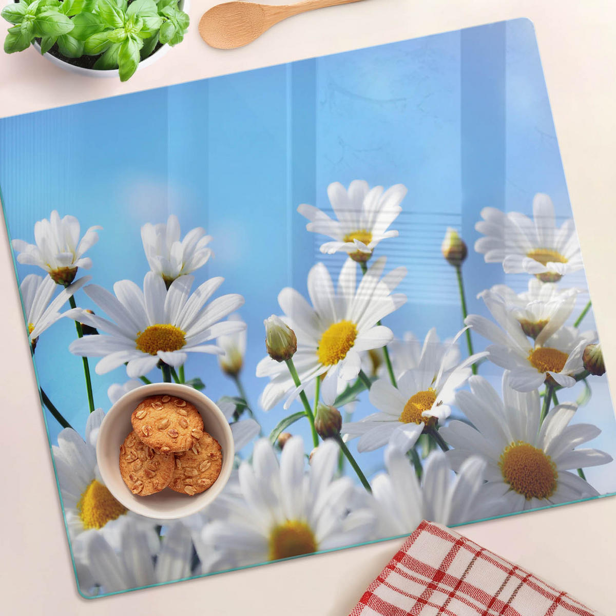 GLASPLATTE 60x52 cm Gänseblümchen - Weiß, Glas (60/0.4/52cm) - TULUP