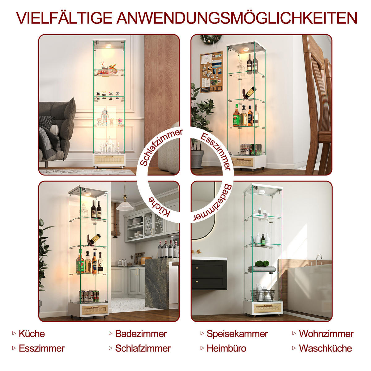 VITRINE 36,5/42,5/167 cm mit LED-Beleuchtung, 4 Ebenen und Rollen, Weiß - Weiß, Holzwerkstoff (42.5/167/36.5cm) - Redom
