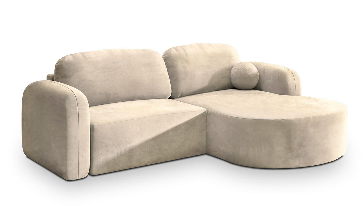 ECKSOFA AMILIA M R-S Creme Velours-Stoff mit Schlaffunktion - Creme, Holz (263/174cm) - MASSENO