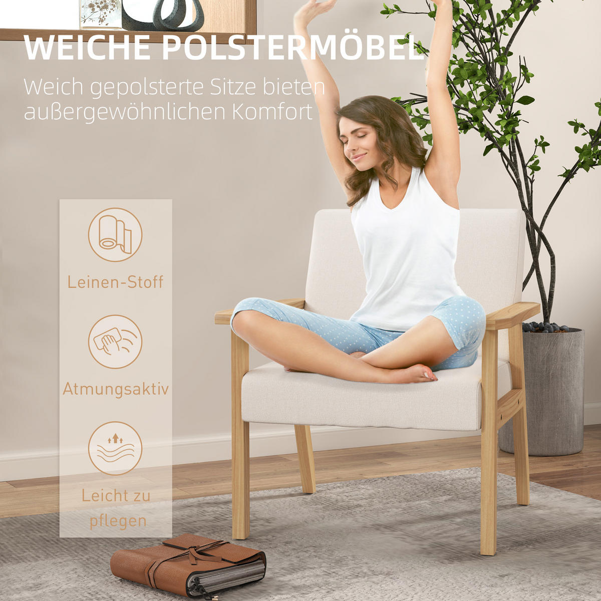 LOUNGESESSEL mit Armlehnen, 64 x 70 x 72 cm, Cremeweiß - Weiß, Textil (64/72/70cm) - HOMCOM