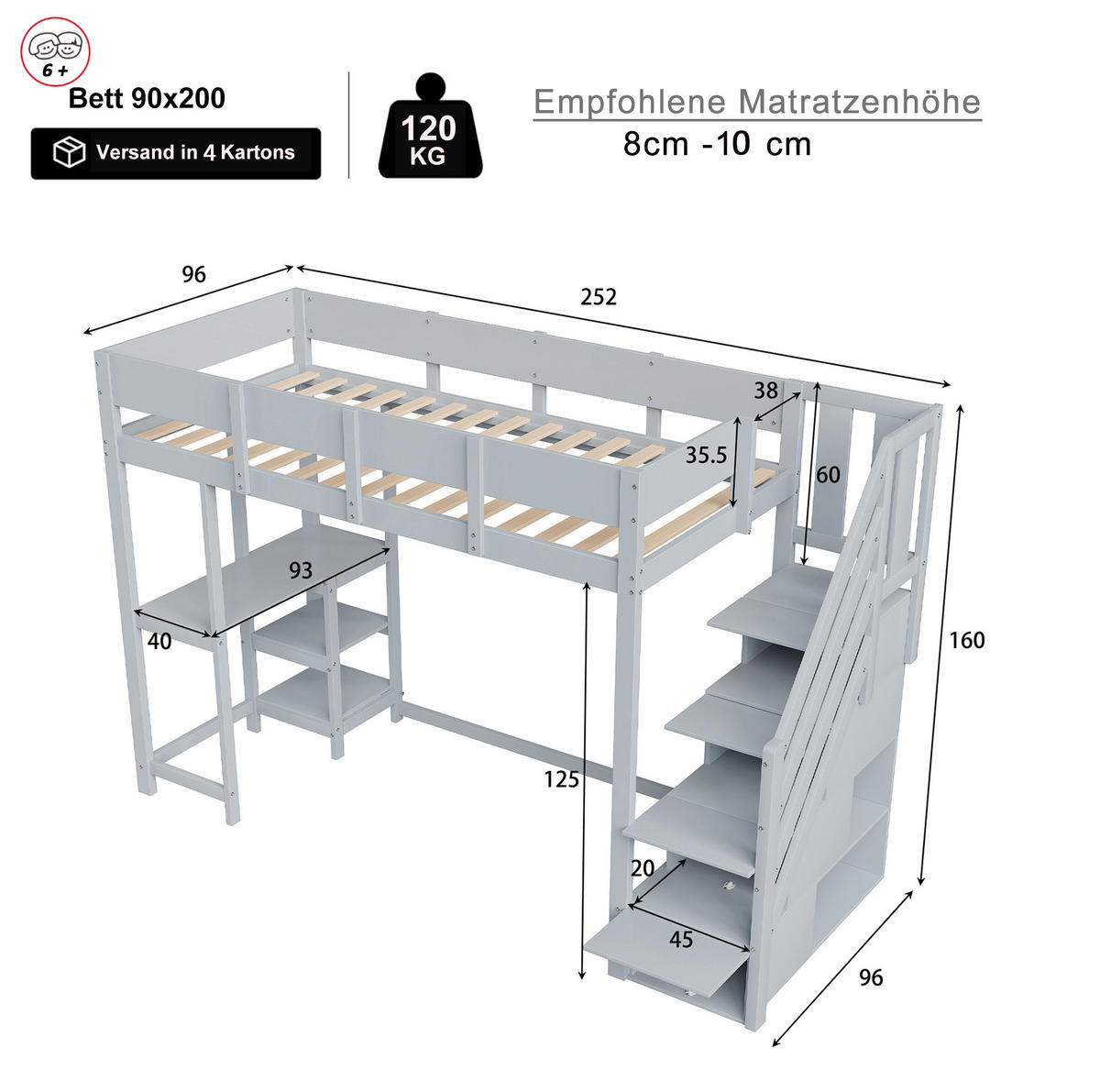 HOCHBETT 90/200 cm mit Stauraumtreppe, Ablageregal und Lattenrost aus Kiefern Holzwerkstoff, Grau - Grau, Holzwerkstoff (90/200cm) - Redom