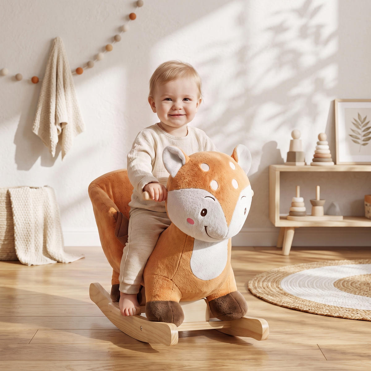 KINDER-SCHAUKELPFERD Holz Plüsch PP-Baumwolle Braun - Braun, Holz (32/49/60cm) - AIYAPLAY