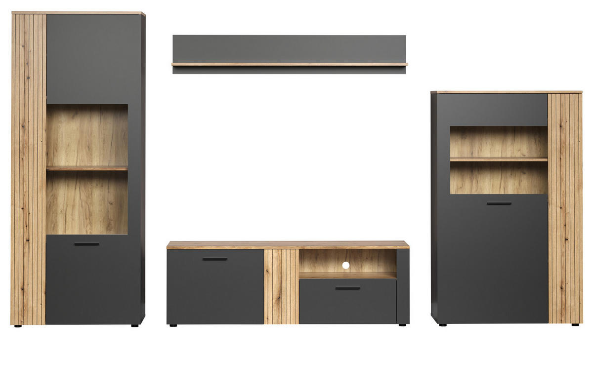 WOHNWAND grau, Evoke Eiche 4-teilig 340 cm, Schrankwand in modernem Design - Eichefarben/Anthrazit, Holzwerkstoff/Kunststoff (150/25/18cm) - Top.Furn