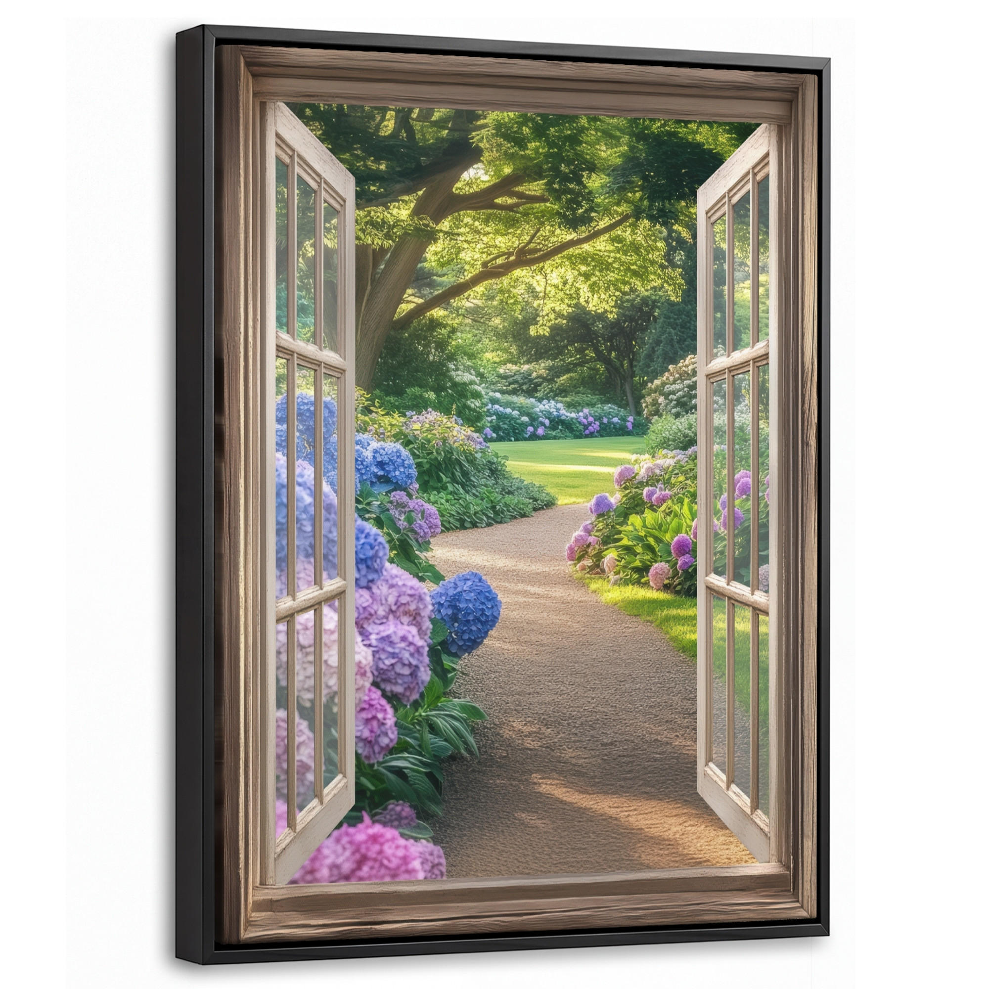 LEINWAND Bilder mit Rahmen - Aussicht - Garten - Fenster - Hortensie - Blumen - 30x40 - Pastellblau, Textil (30/40cm) - MuchoWow