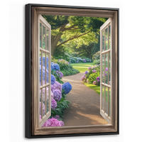 LEINWAND Bilder mit Rahmen - Aussicht - Garten - Fenster - Hortensie - Blumen - 30x40 - Pastellblau, Textil (30/40cm) - MuchoWow