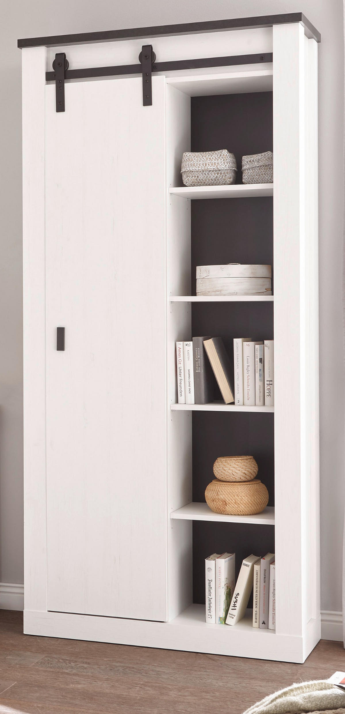 BÜROMÖBEL-SET weiß Pinie, anthrazit Landhaus mit Aktenschrank - Anthrazit/Weiß, Holzwerkstoff (60/220/201cm) - Furn.Design