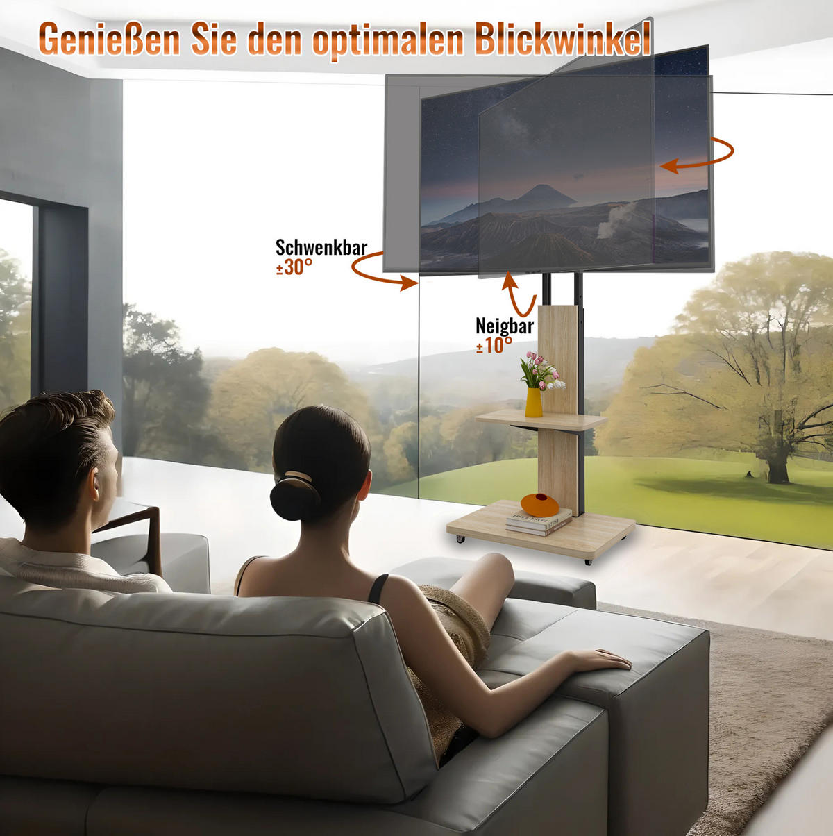 TV-STÄNDER aus MDF und Metall 60x40x150 cm Naturfarben höhenverstellbar mit Rollen und schwenkbarer Halterung - Hellbraun, Holzwerkstoff (60/150/40cm) - Modfu