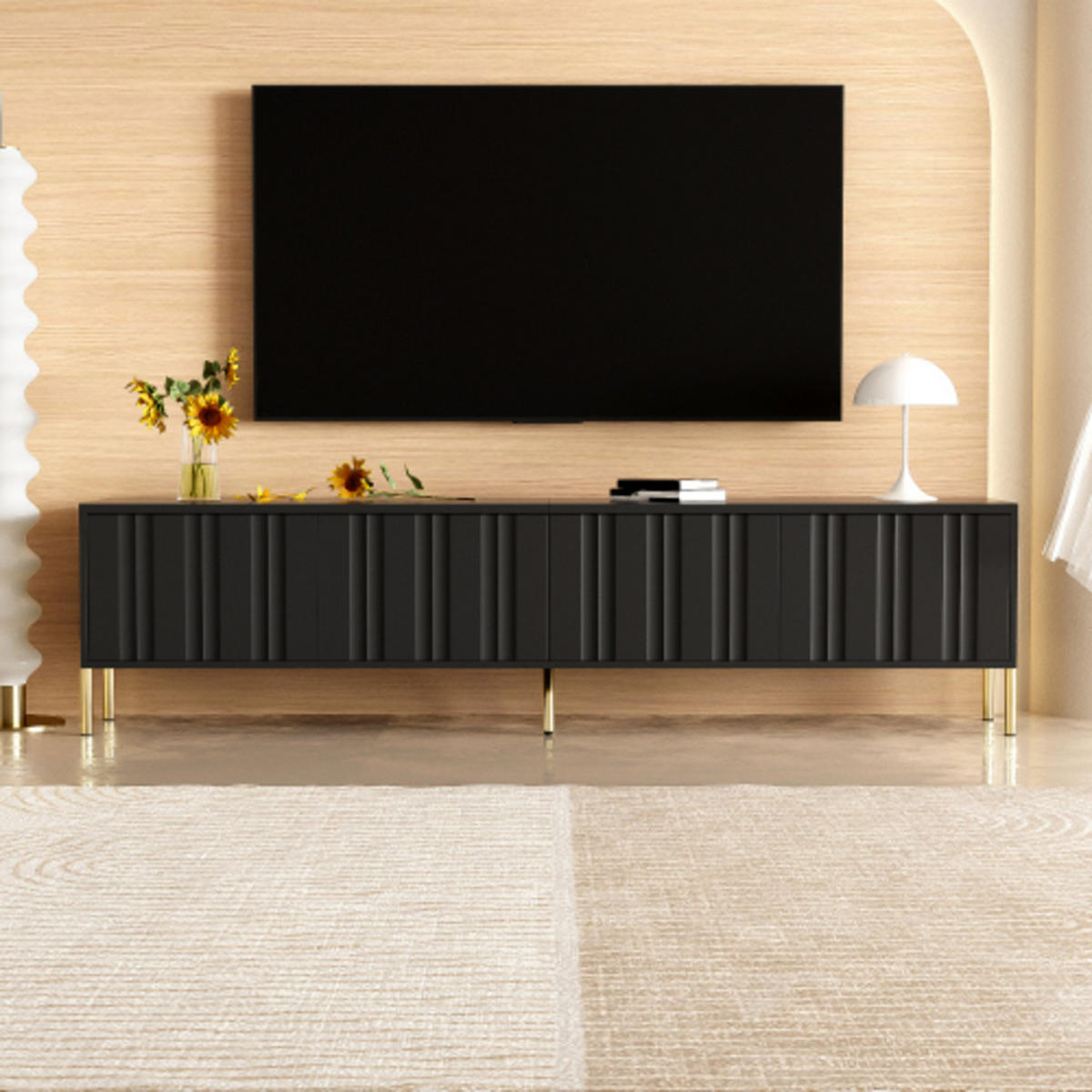 LOWBOARD Schwarz aus MDF und Spanplatte mit vertikalem Rillendesign & goldenen 15cm-Beinen 190×38×48 cm - Schwarz, Holzwerkstoff (190/48/38cm) - Luhomfu