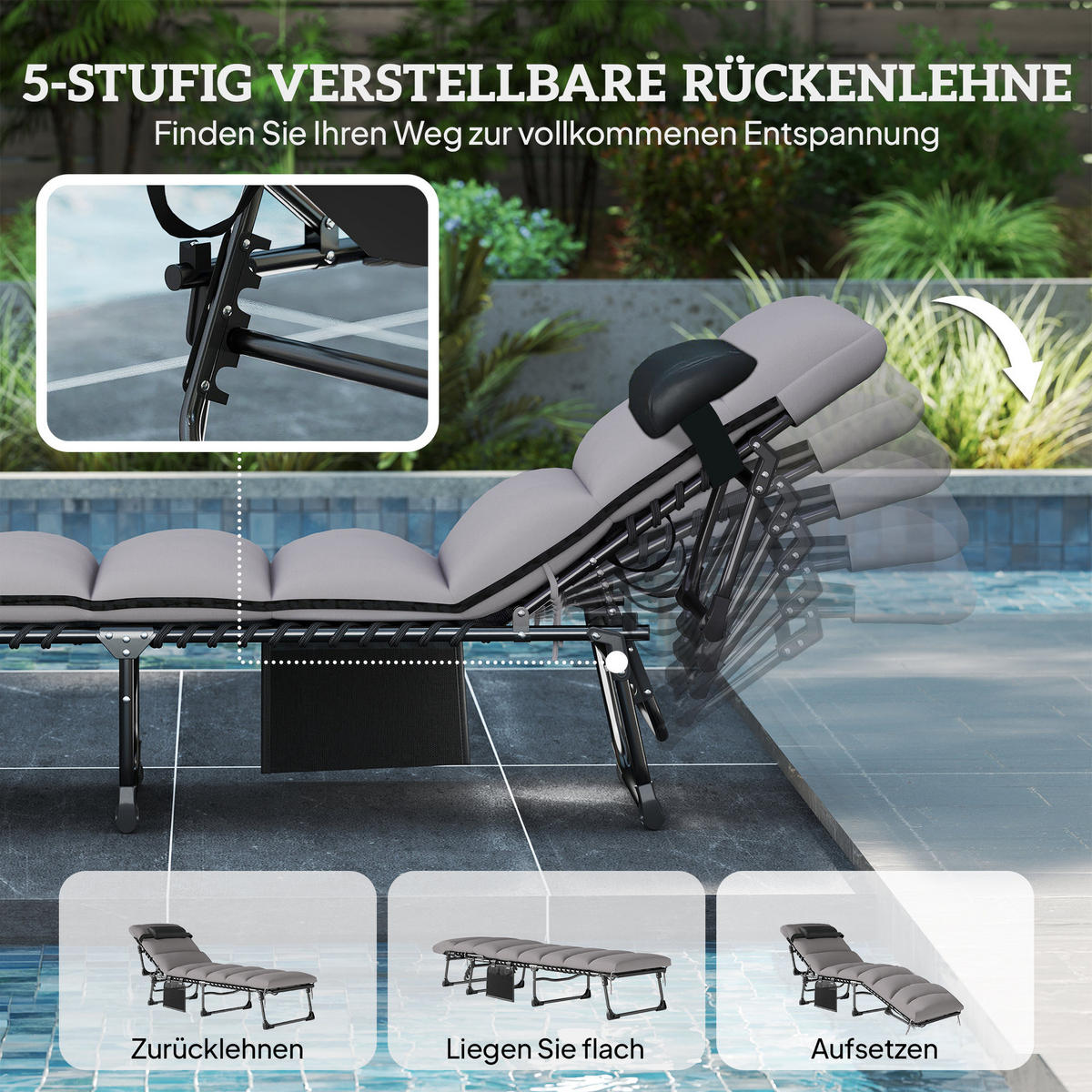 SONNENLIEGE Stahl Hellgrau - Hellgrau/Schwarz, Textil/Metall (57/38/200cm) - Outsunny