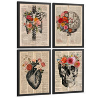 POSTER Set aus 4 Vintage Anatomie Drucke und Wandbilder mit Herz Schädel Skelett und Gehirn Collage Stil Wanddekoration Größe Schwarzer Rahmen A3 - Schwarz, Papier (29.7/42/3cm) - Nacnic