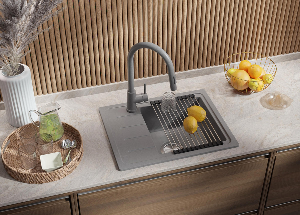 GRANITSPÜLE Kopenhagen Easy, 2-er set Grau 55/44 cm 1 Becken + Küchenarmatur 32/20 cm + Ablauf-Set ab 45er Unterschrank - Grau, Kunststoff (55/17/44cm) - Primagran