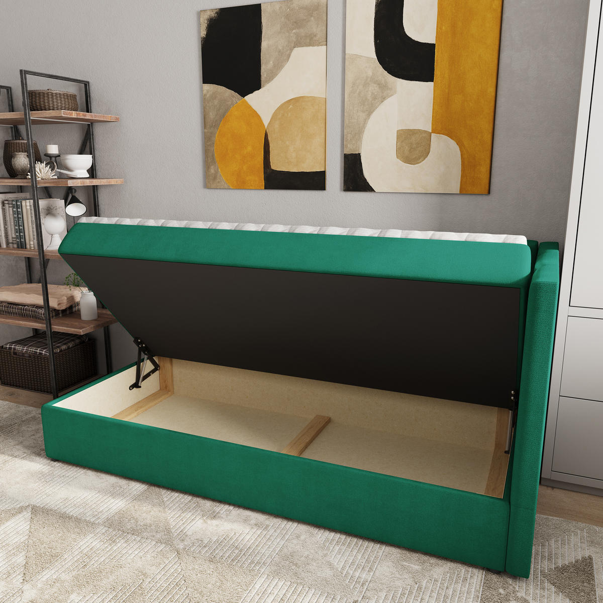 BOXBETT BEVE 80x200 cm mit Matratze und Topper, H2+H3 - Grün - Grün, Holz (80/200cm) - MASSENO