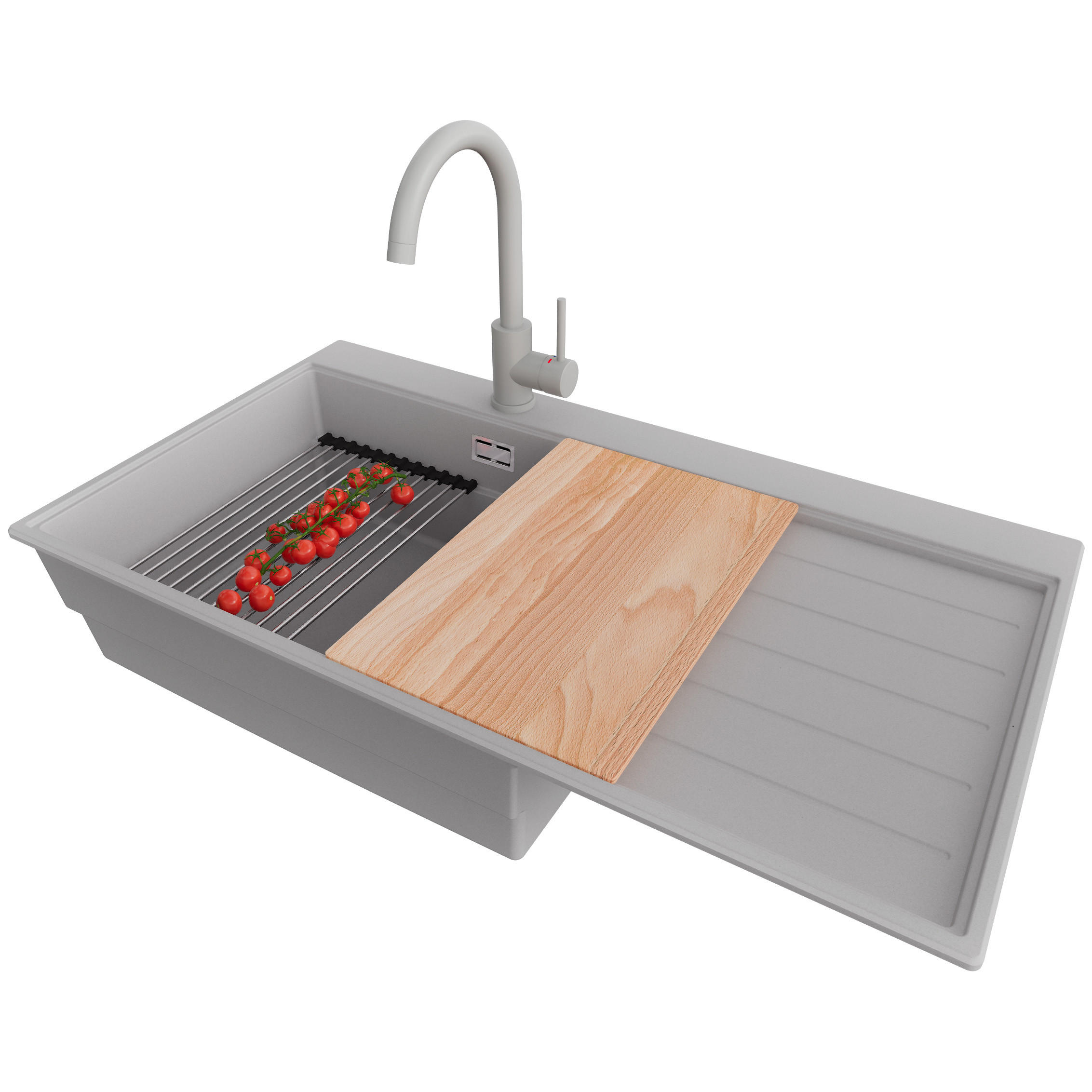 GRANITSPÜLE Sydney, 2-er set Grau 90/50 cm 1 Becken + Küchenarmatur 32/20 cm + Ablauf-Set + Küchenzubehörset ab 60er Unterschrank - Chromfarben/Beige, Kunststoff (90/20/50cm) - Primagran