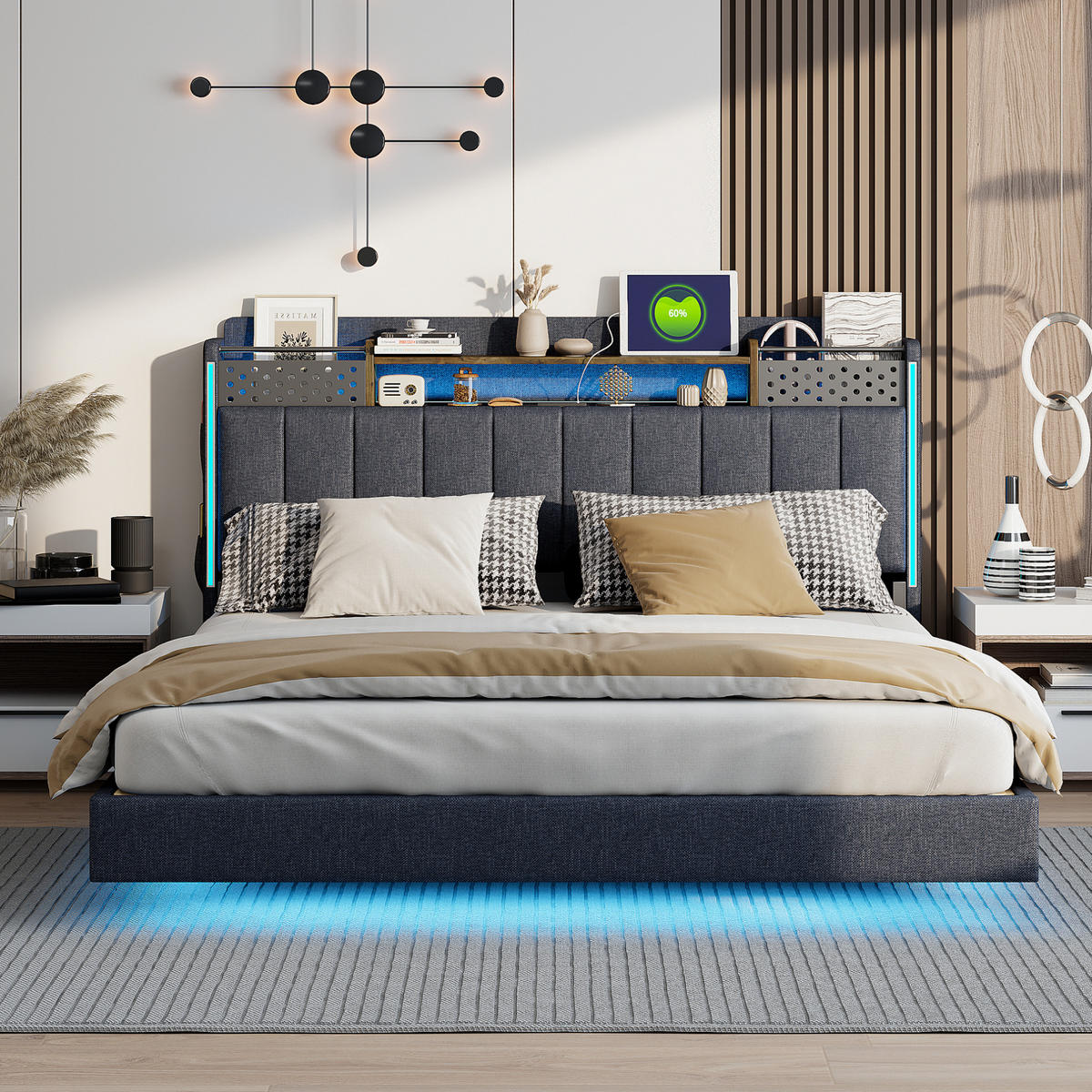 ČALOUNĚNÁ postel 160/200 cm šedá z lněné tkaniny s LED osvětlením a USB - šedá, textil (160/200cm) - OKWISH