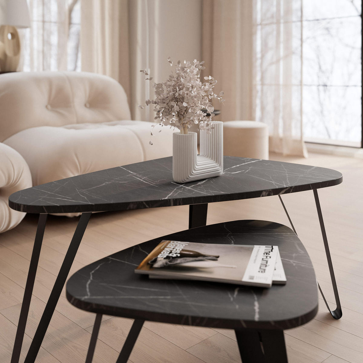 SATZTISCH NOA Stahlgestell, Freiform, Schwarz / Grigia Pietra - Schwarz/Grau, Holzwerkstoff (94/60/42cm) - Idohome