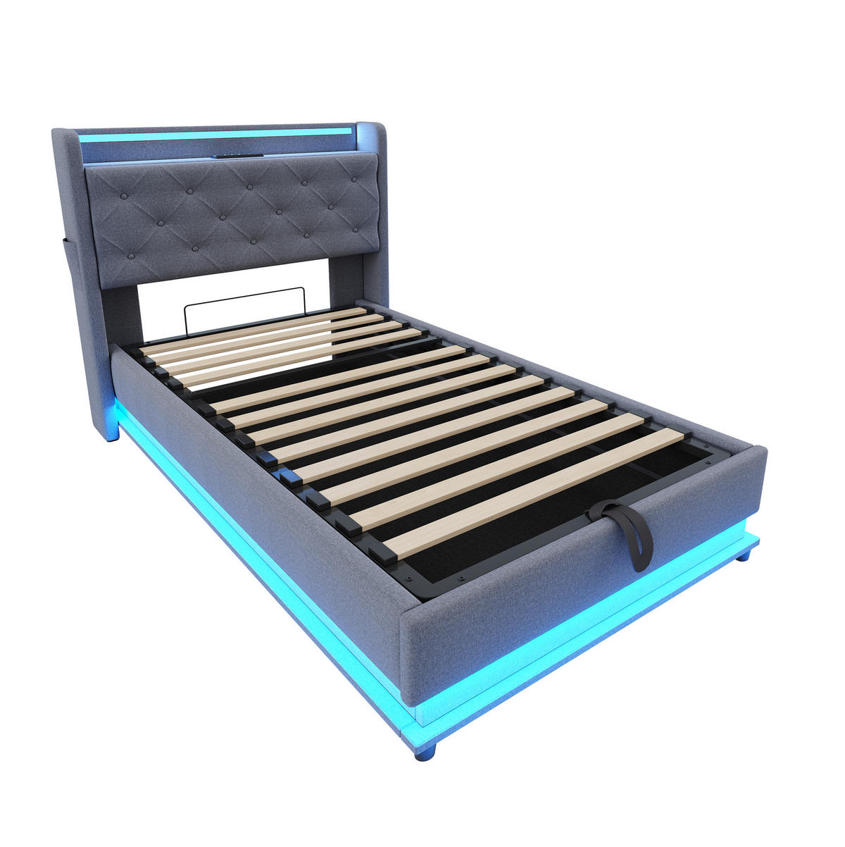 KINDERBETT 90/200 cm aus Leinenstoff mit LED-Beleuchtung, USB-Anschlüssen und hydraulischem Stauraum Grau - Grau, Textil (90/200cm) - Modenvie