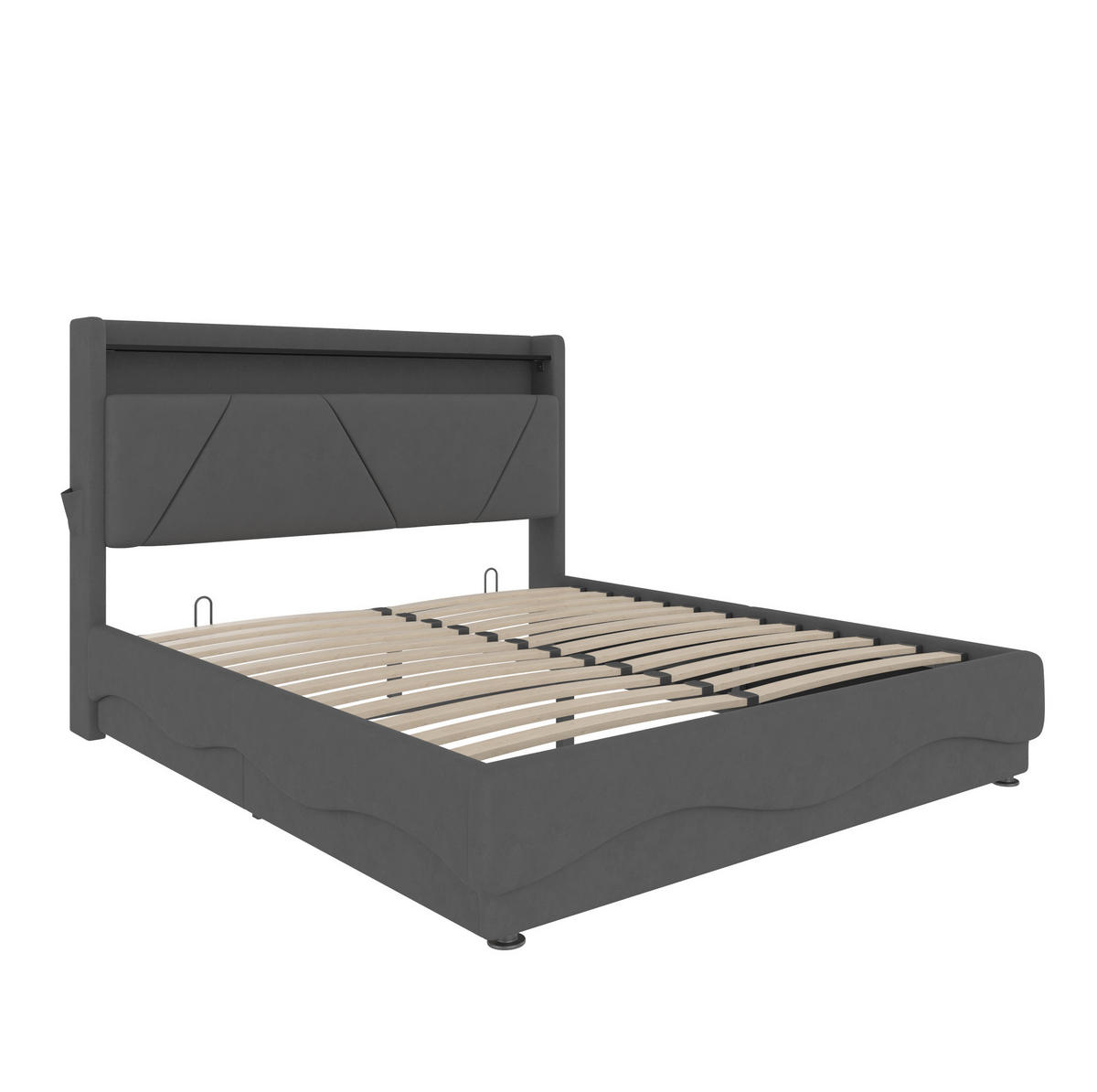POLSTERBETT 160/200 cm mit LED-Beleuchtung, USB- und Type-C-Anschluss, Bettkasten und Regal, Dunkelgrau - Dunkelgrau, Textil (160/200cm) - Redom