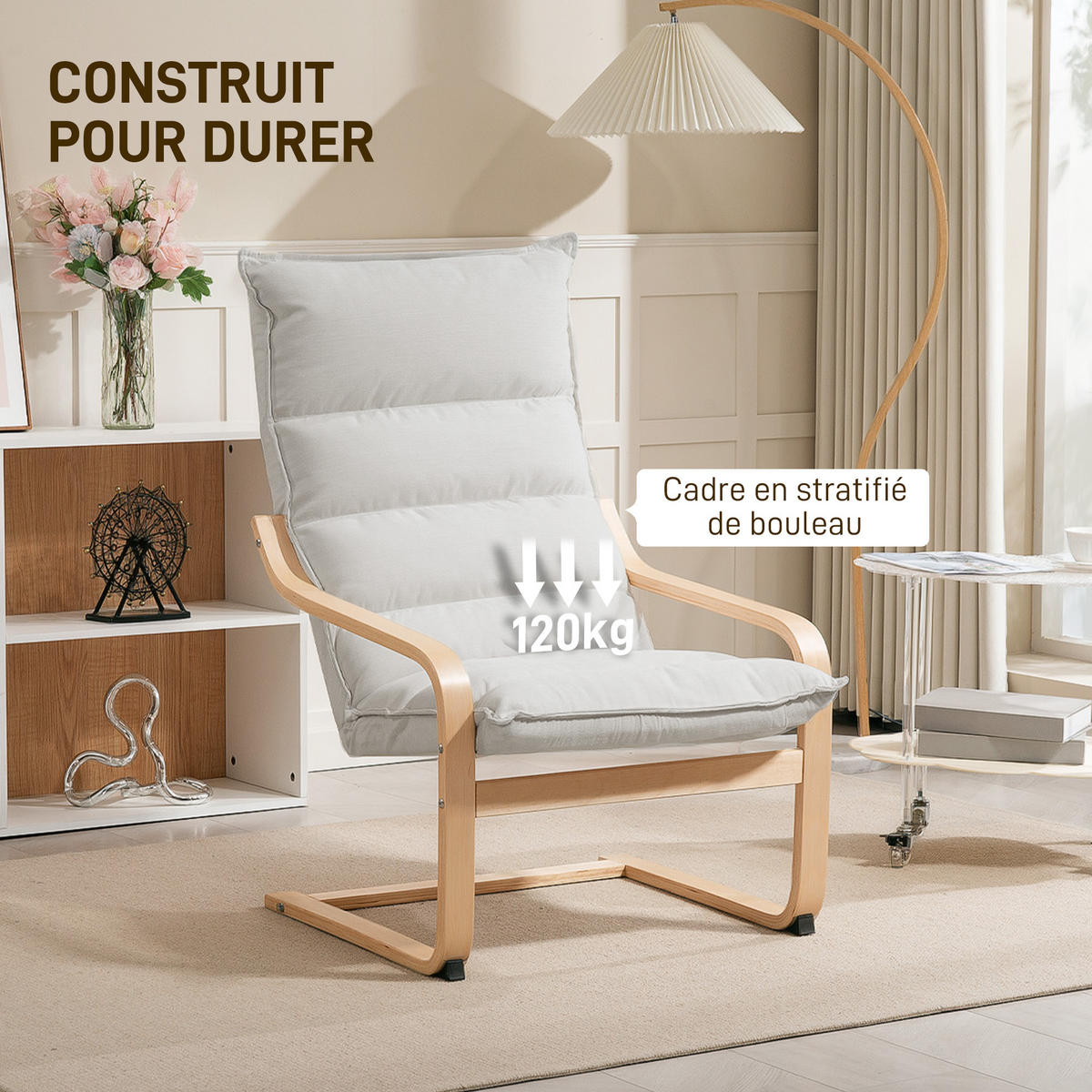 ARMLEHNSTUHL DE-13253 geschwungene Armlehnen & dickes Polster Creme - Creme, Holz (67/105/83cm) - ComfortXL