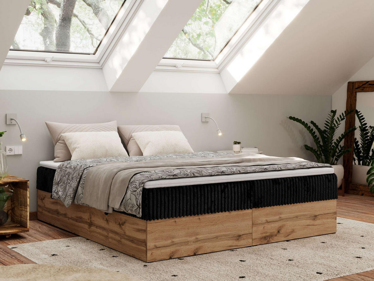 BOXBETT WOOD ZERO 160/200 - Schwarz Cord - H3 - Topper T25 - Schwarz, Textil (160/200cm) - MKS