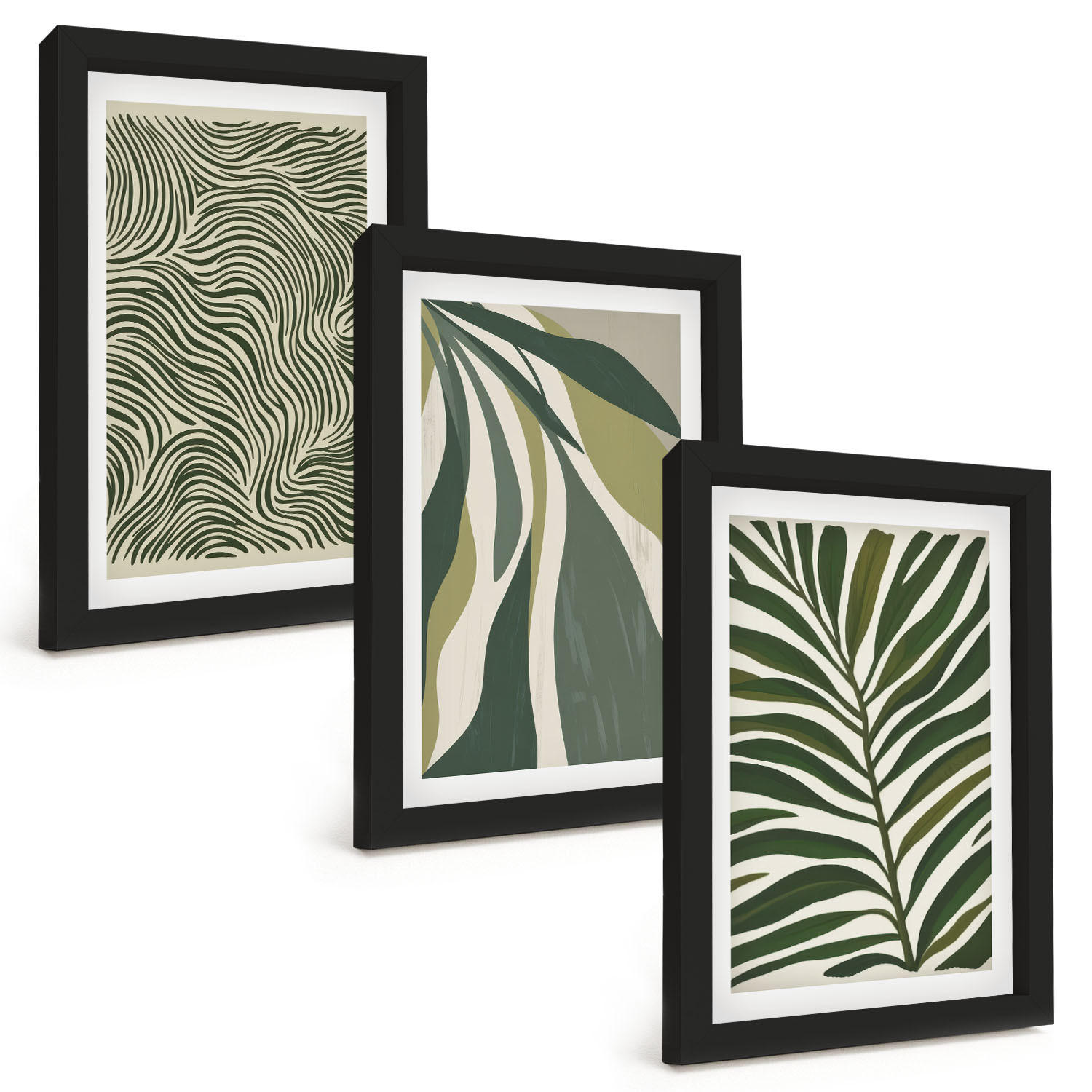 BILDER SET 3er Set - 20x30 cm Schwarzer Rahmen - Blätter mit wellenförmigen grünen Linien - Schwarz, Kunststoff (20/30cm) - TULUP