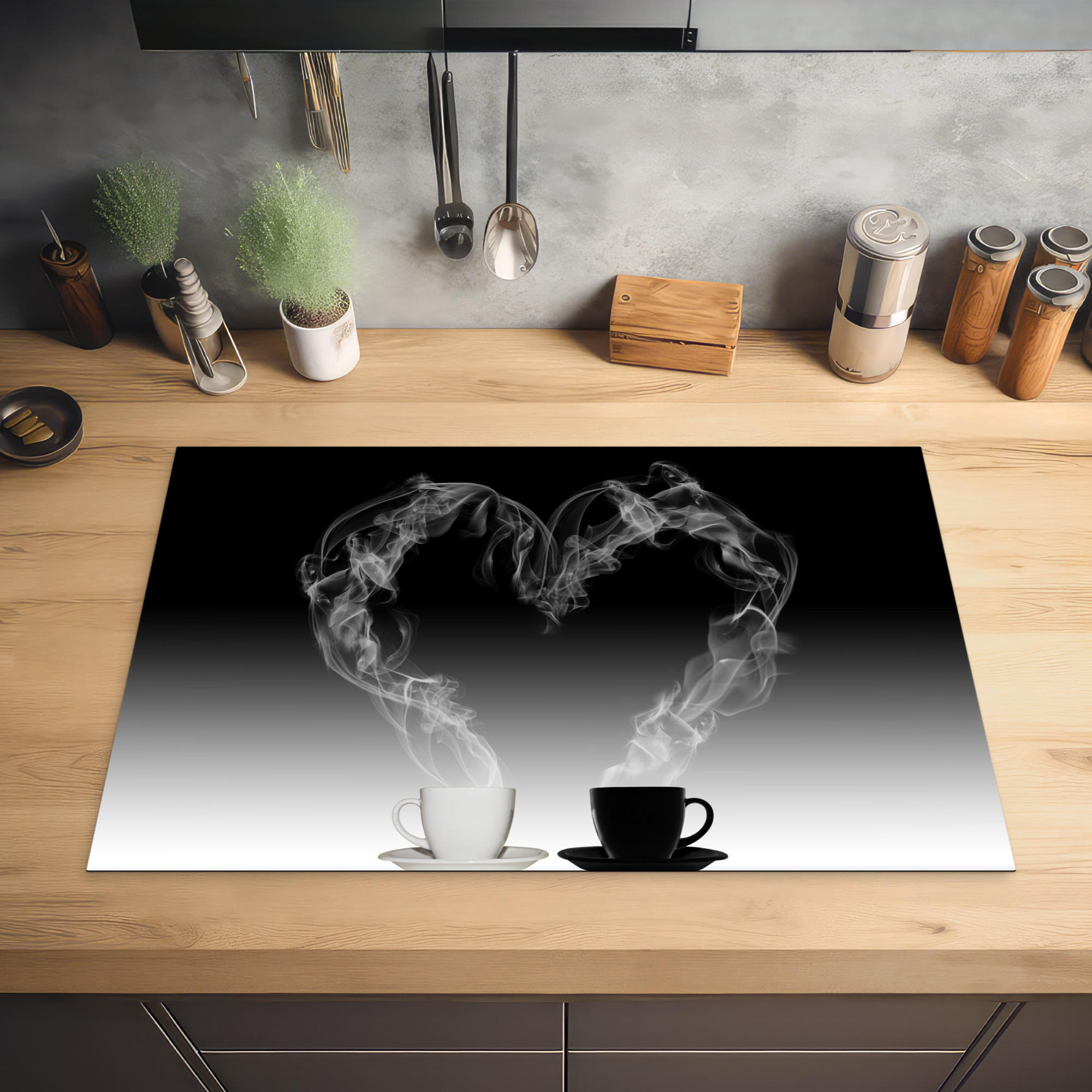 HERDABDECKPLATTE Kaffee - Herz - Schwarz und weiß - Tassen 80x52 cm - Weiß, Kunststoff (80.2/0.2/52.2cm) - MuchoWow
