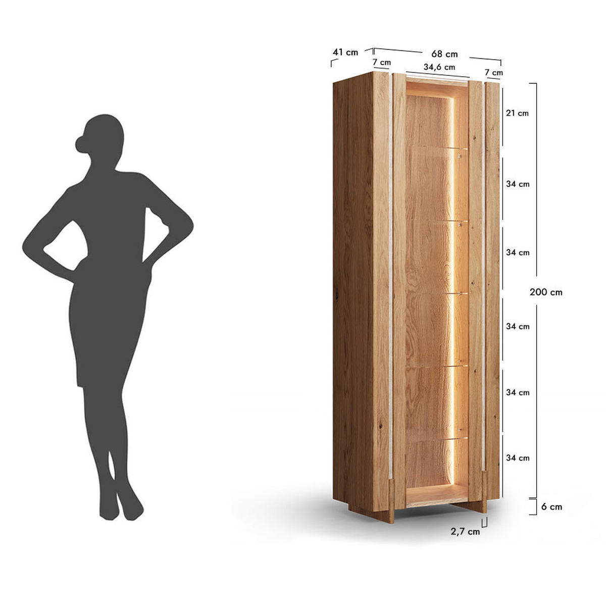 VITRINE Travertino Wildeiche Natur 68 / 41 / 206cm mit Travertin Naturstein - Wildeiche, Holz (68/206/41cm) - Feldmann-Wohnen