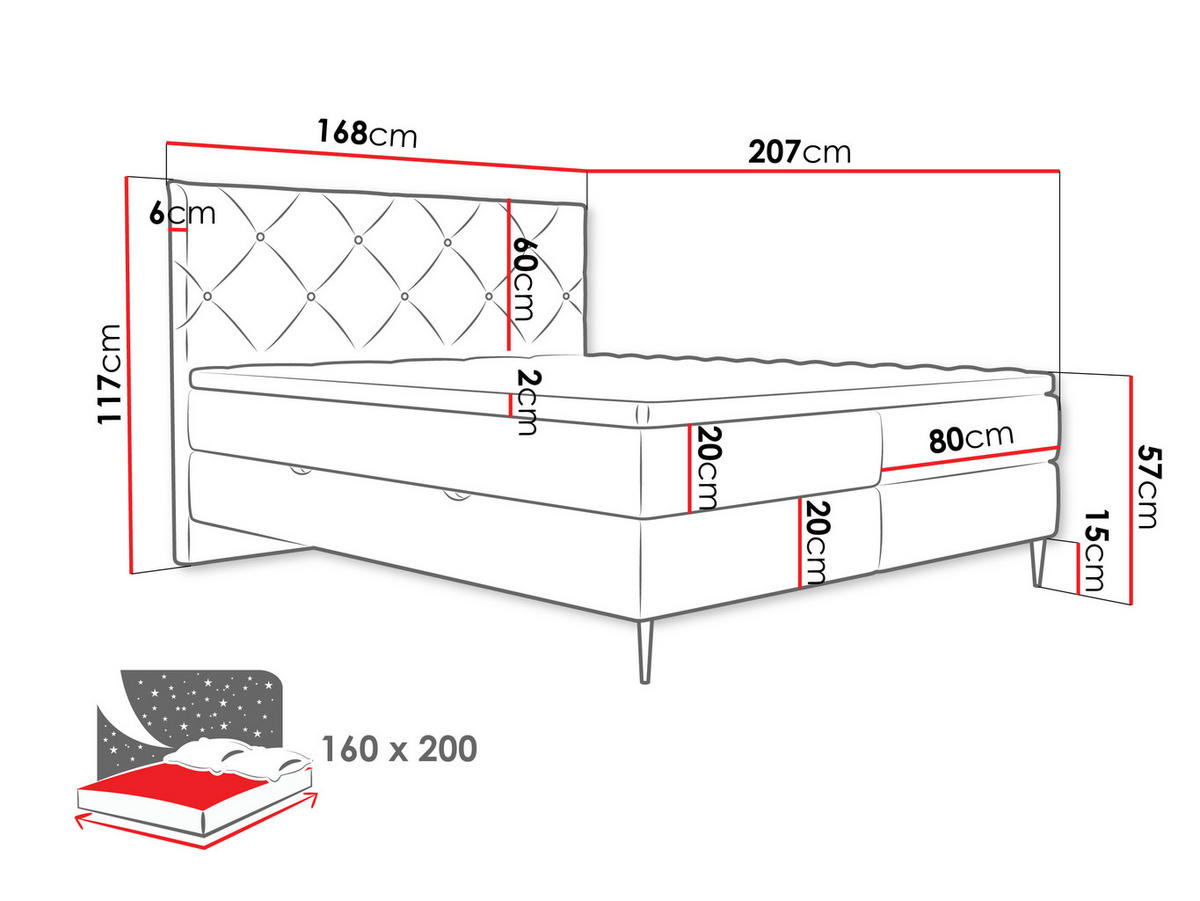 BOXBETT Letra - Chromfarben/Schwarz, Holz/Textil (160/200cm) - MIRJAN24
