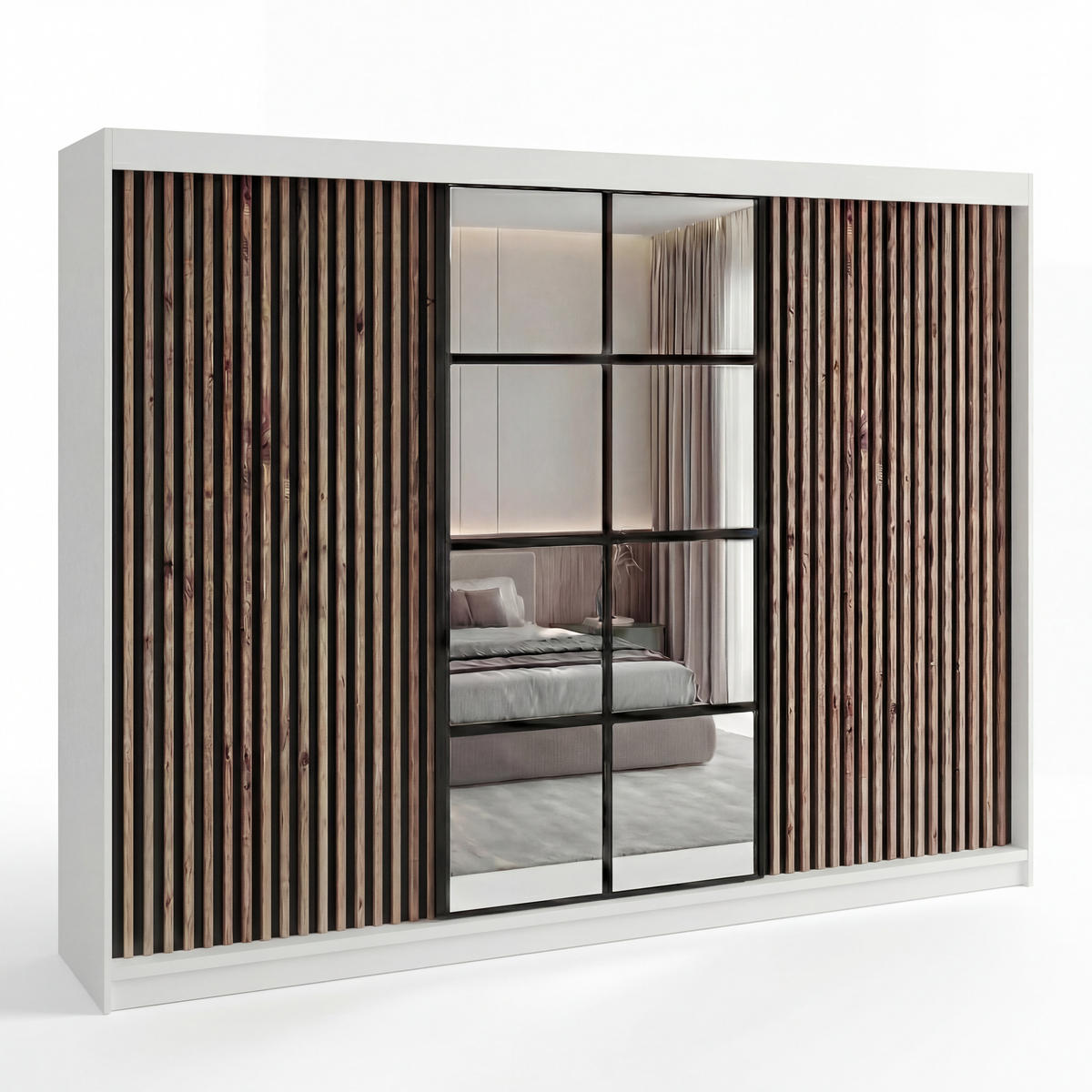 SCHWEBETÜRENSCHRANK NORIVO-Weiß, Schwarz-Lamelle, Schwarz-Spiegel, Schwarz-Lamelle 200 cm - Schwarz/Weiß, Holzwerkstoff (200/215/59.5cm) - A&J MöbelLand