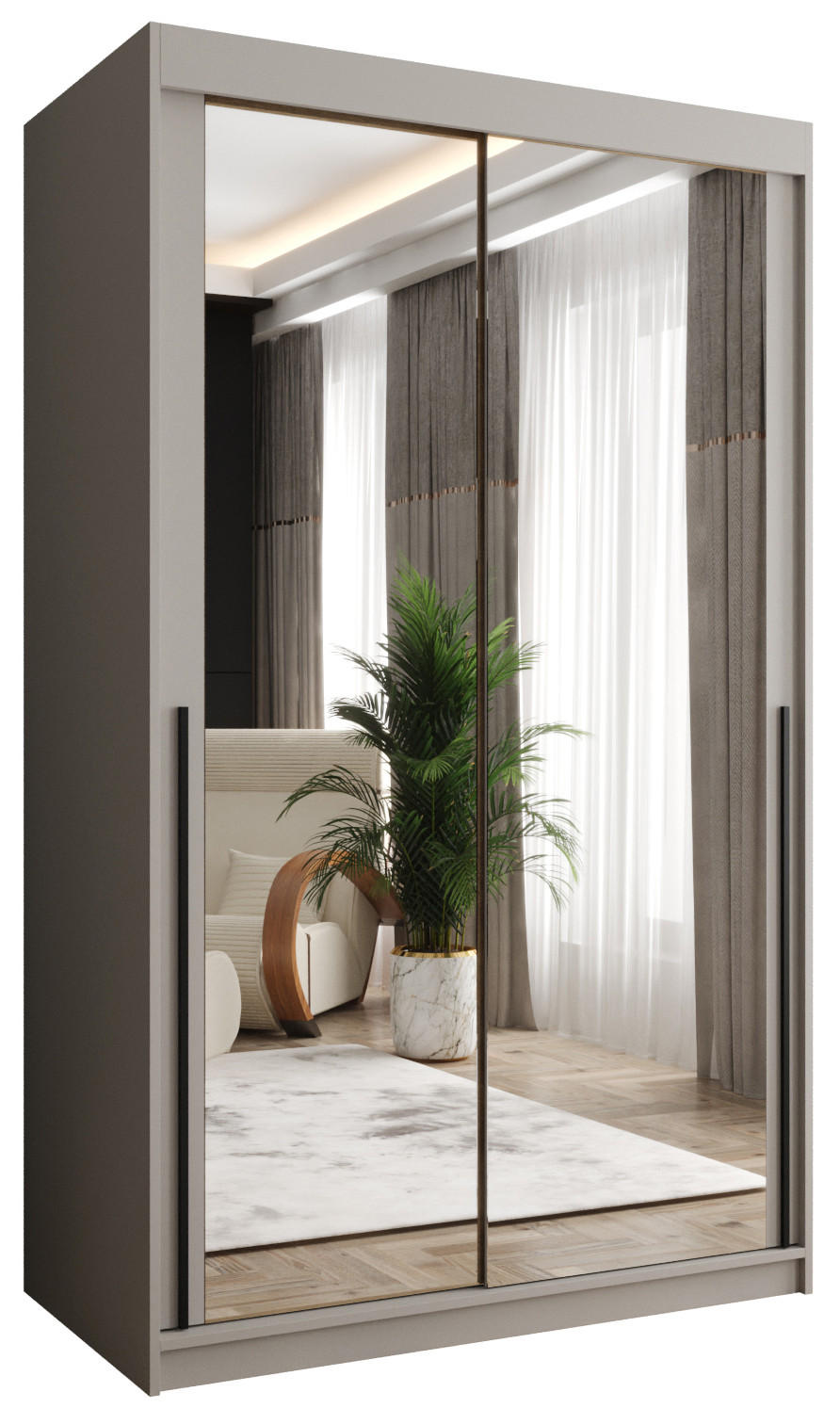 SCHIEBETÜRENSCHRANK mit Spiegel 120 cm Breite Kaschmir mit schwarzem Griff - Kaschmir/Schwarz, Holzwerkstoff (120/200/62cm) - Home Collective