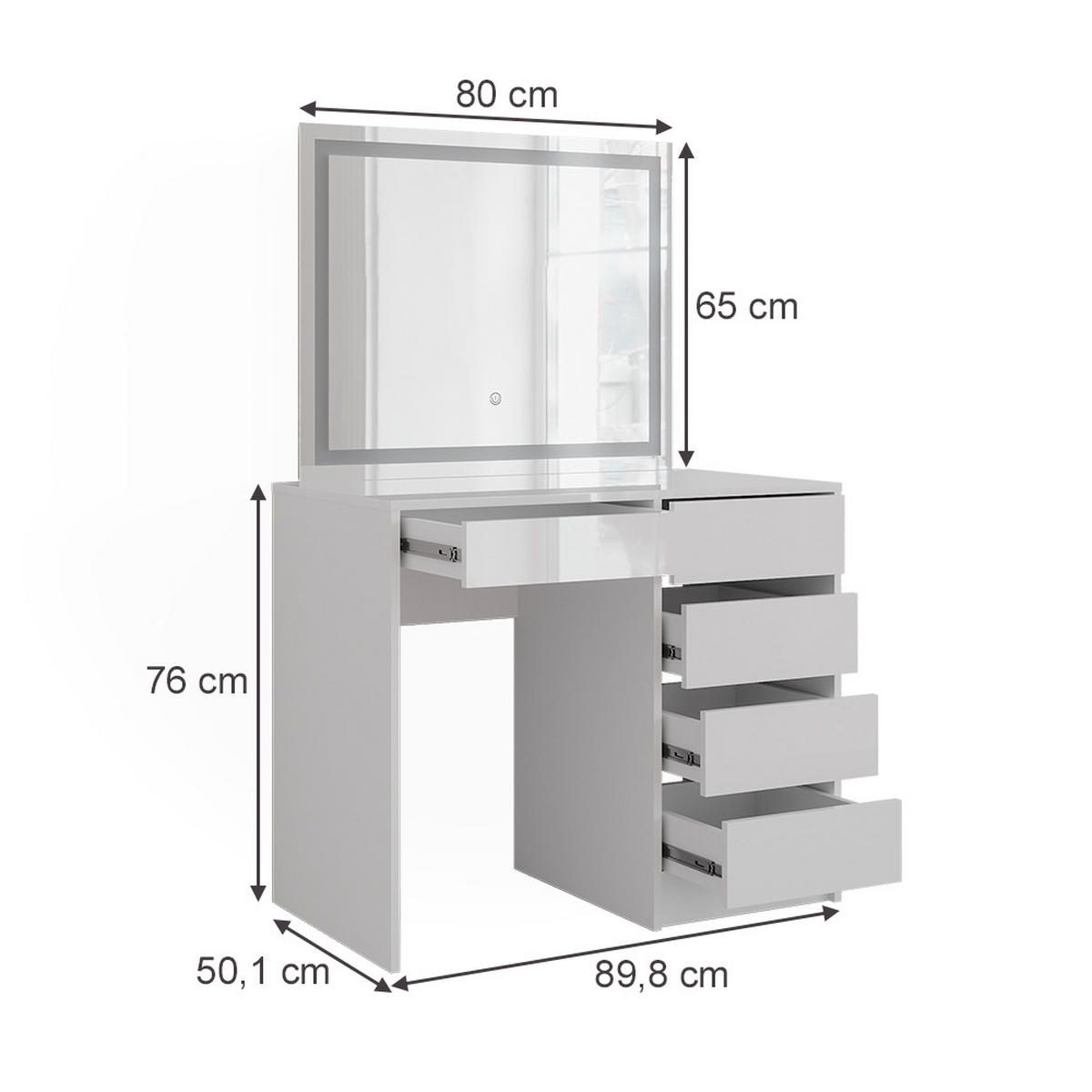 SCHMINKTISCH Sherry Weiß/Weiß Hochglanz 89.8 cm mit LED-Spiegel - Weiß Hochglanz, Holzwerkstoff (89.8/76/50.1cm) - Vicco