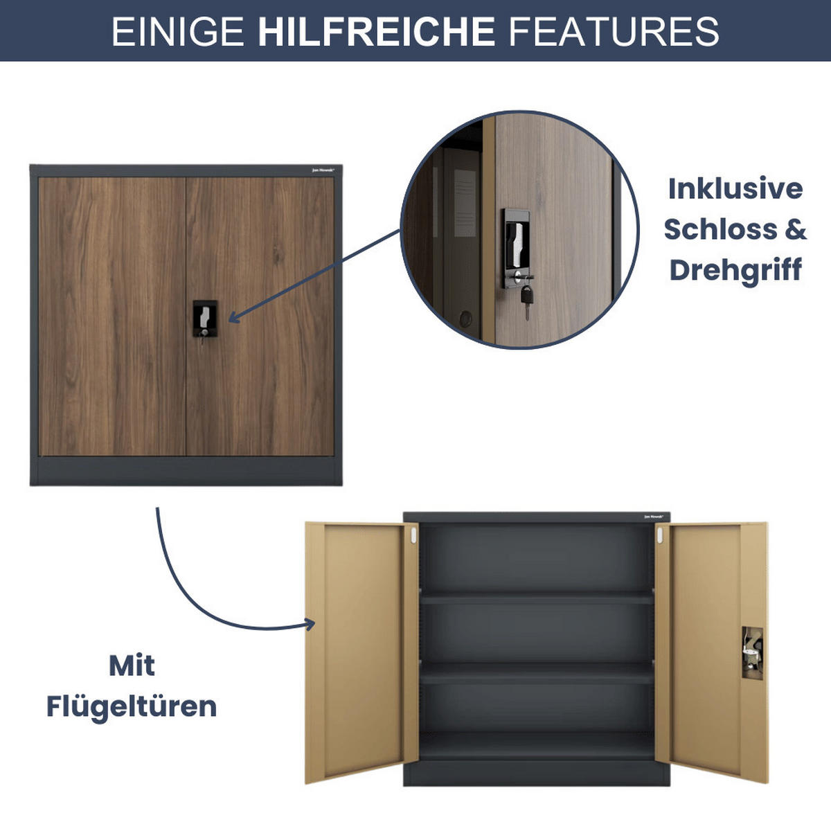 AKTENSCHRANK abschließbar KADO mit Flügeltüren 93x90x40cm Anthrazit-Nussbaum - Anthrazit, Metall (90/93/40cm) - DELUKE