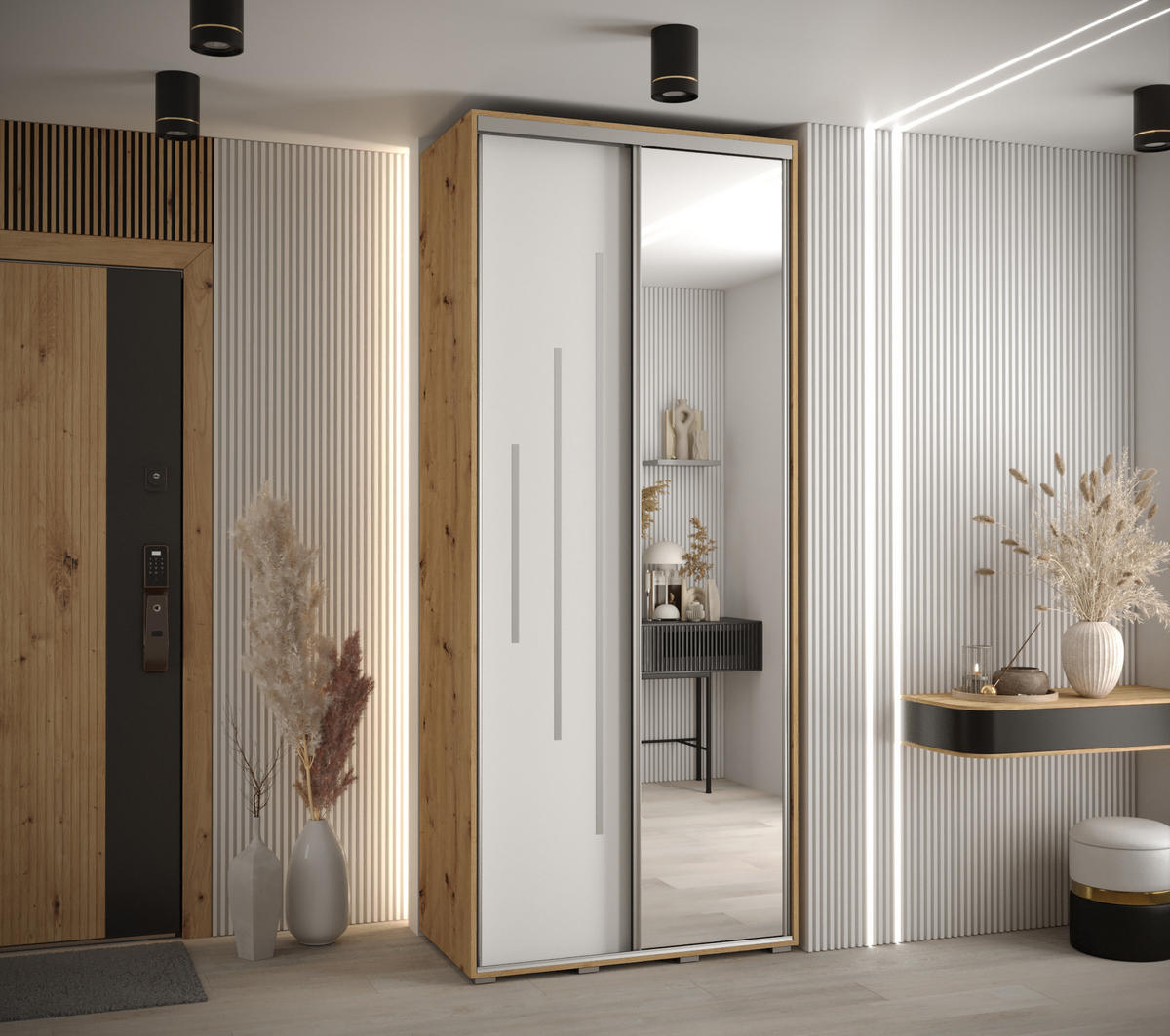 SCHWEBETÜRENSCHRANK 235,2/110/45 2-türig - Silberfarben/Weiß, Holz/Metall (110/235/45cm) - Abiks Möbel