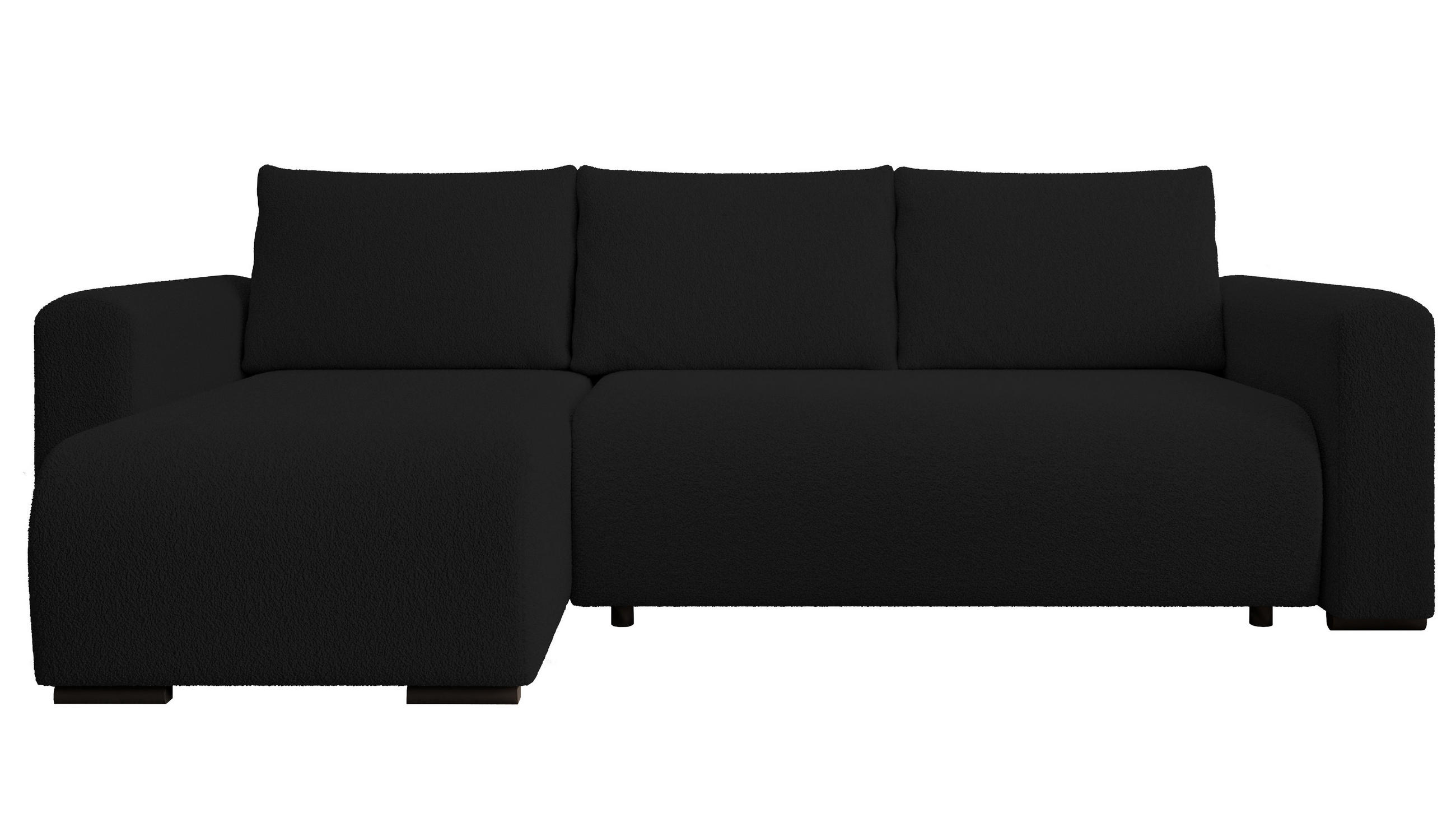 ECKSOFA DORA L, Eckcouch in L-Form mit Schlaffunktion und Bettkasten, Farbe: Schwarz, Bouclé-Stoff, Ottomane Links - Schwarz, Textil (240/143cm) - Storez24